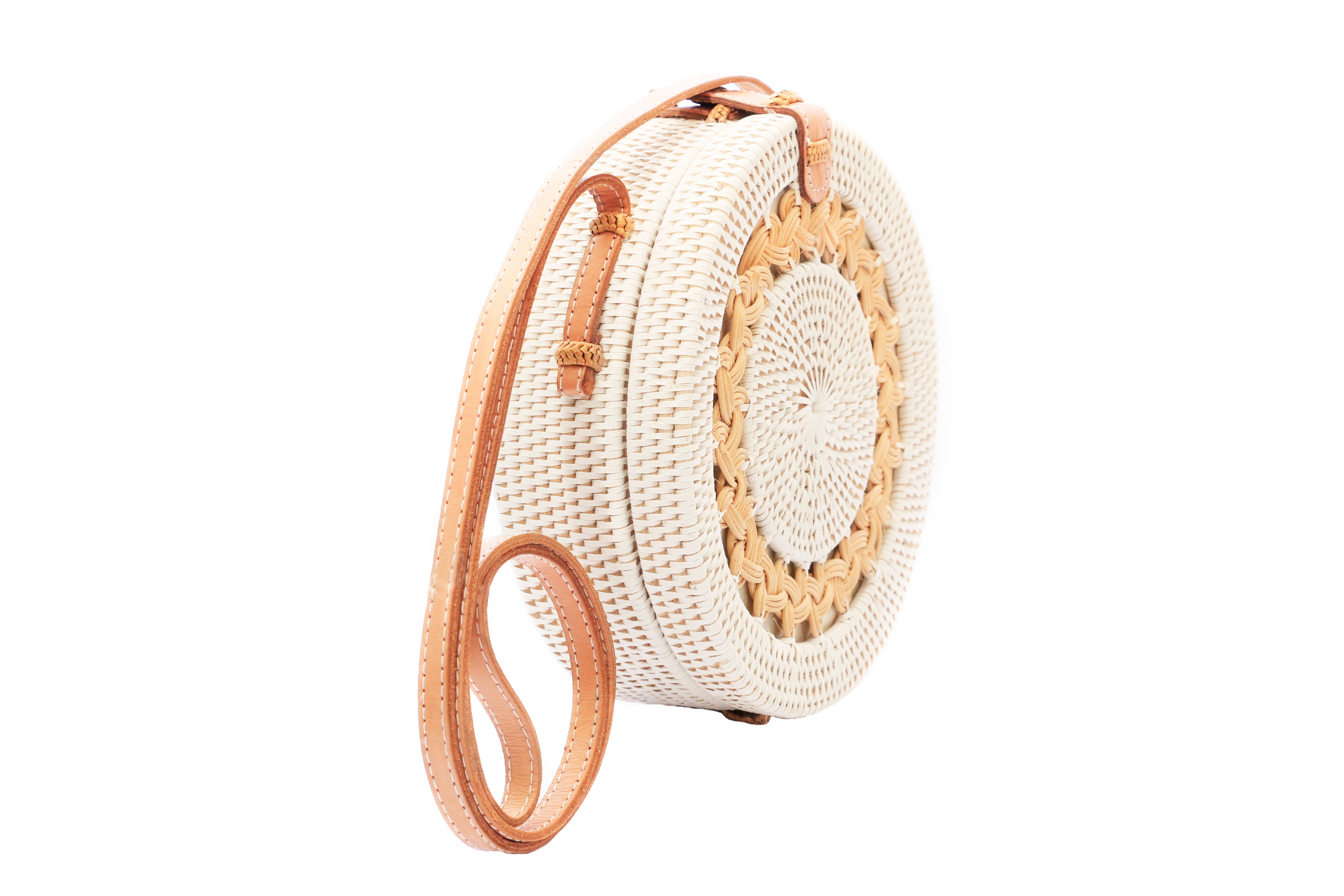 Side view of white round bali rattan basket bag