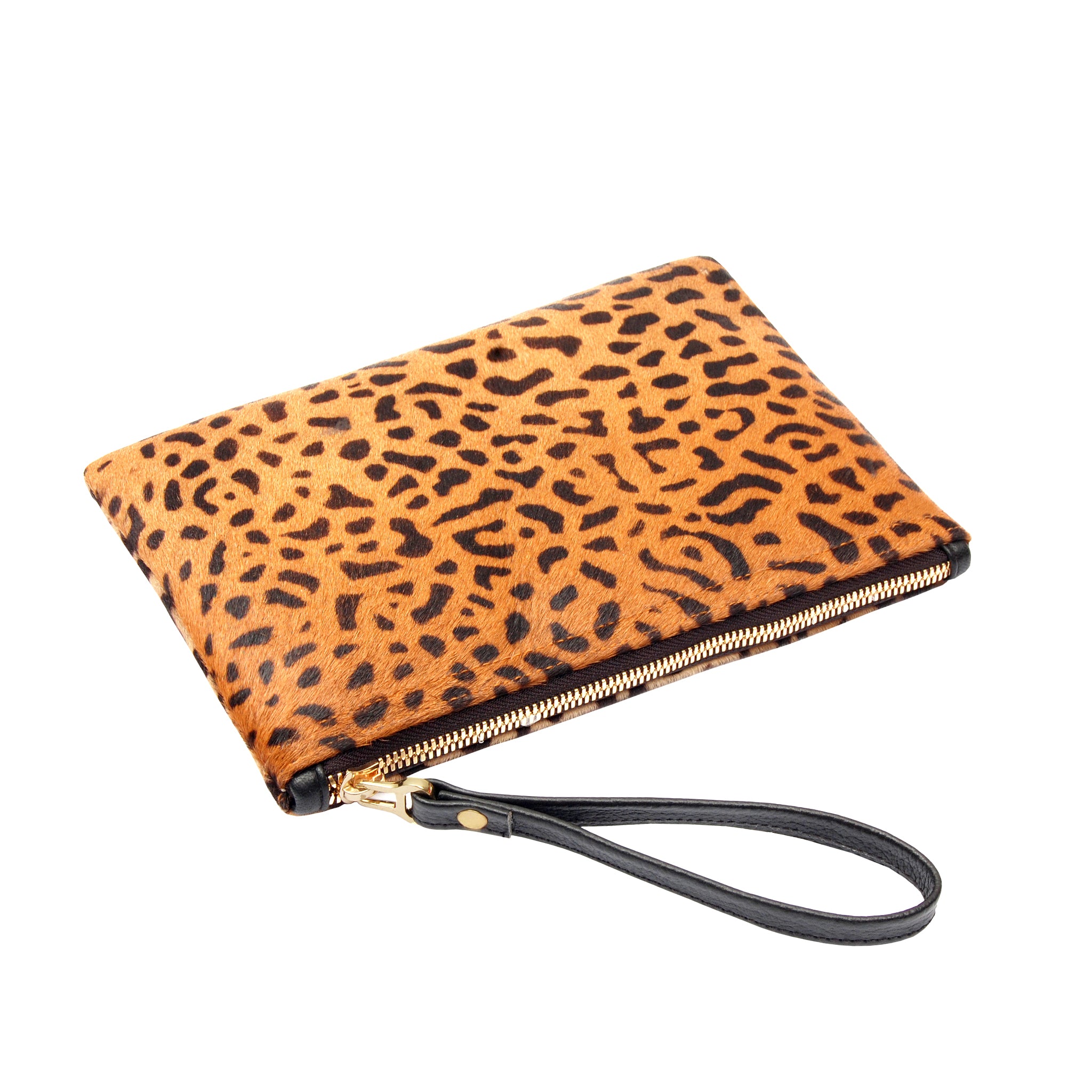 Flat Medium Spotted Leopard Wristlet Clutch Bag