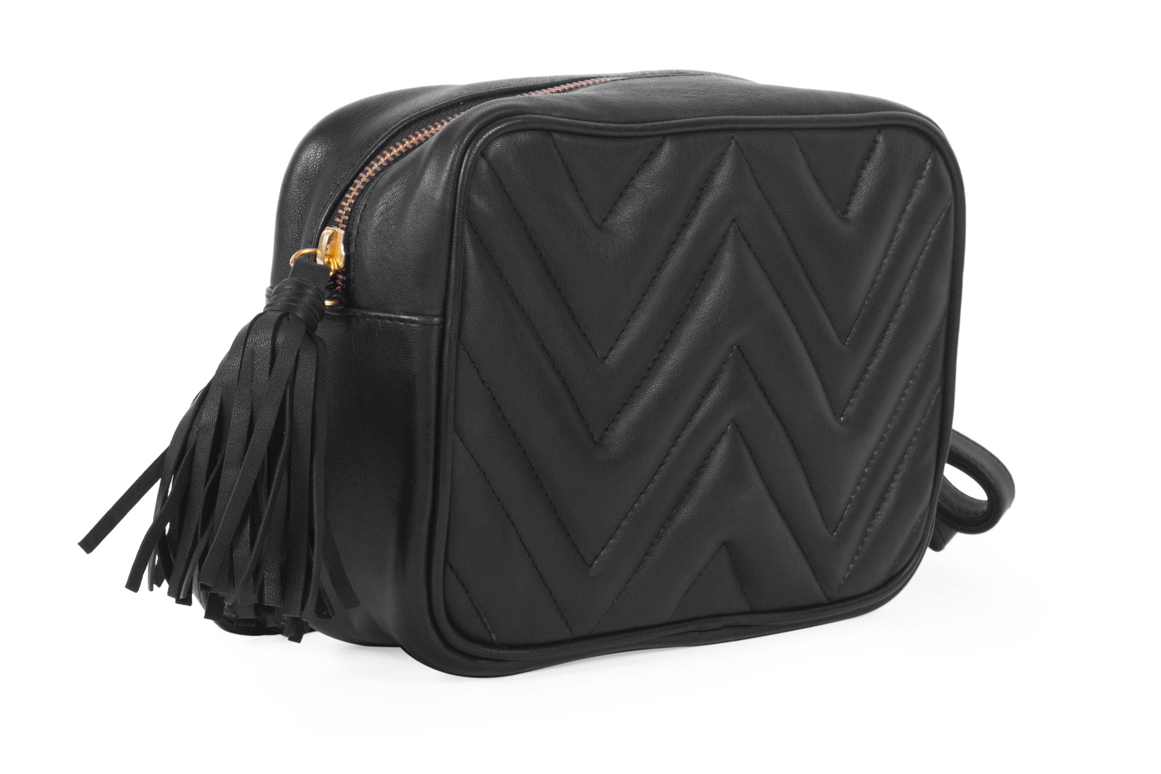 Side view black leather quilted crossbody camera bag for women