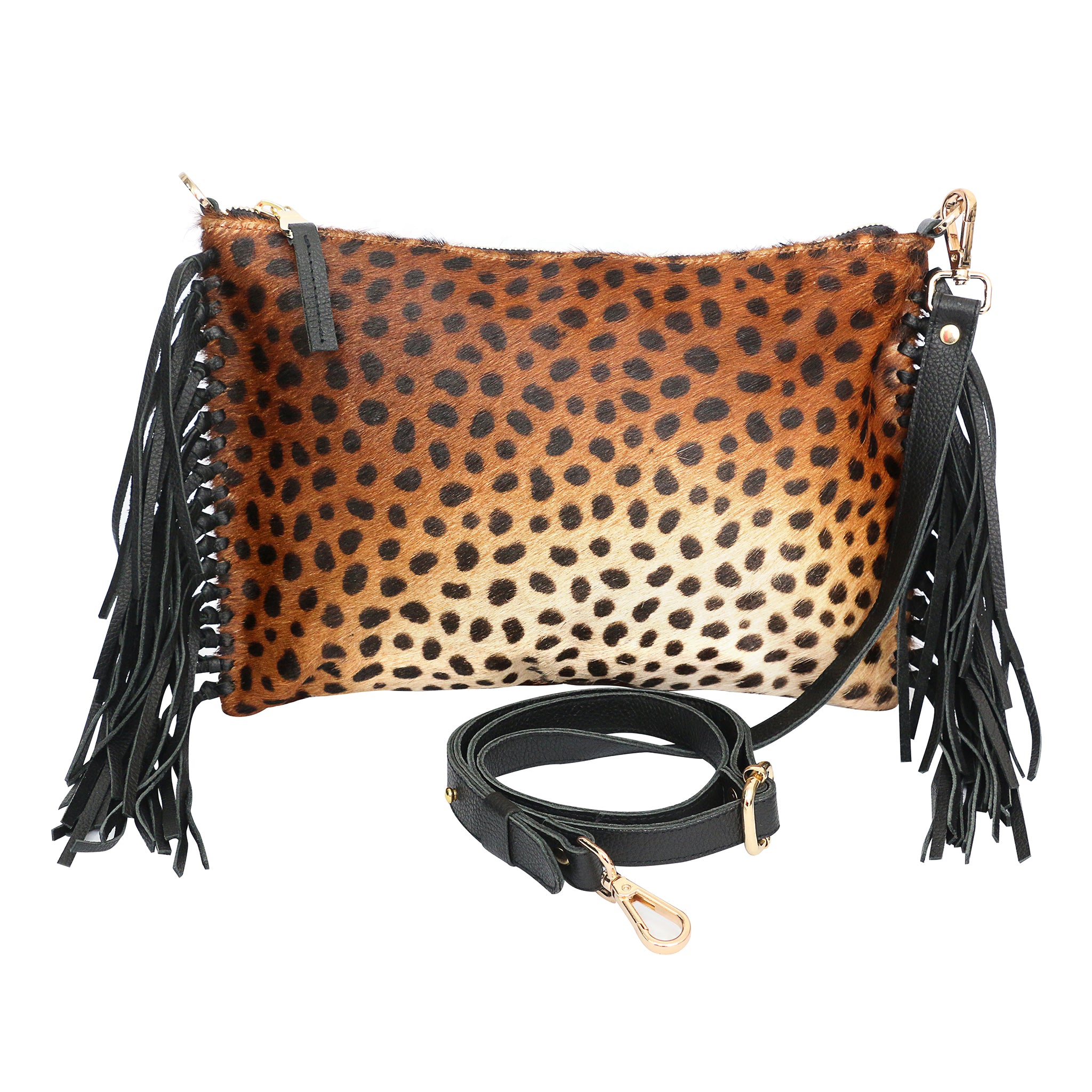 Leopard Crossbody Fringe Leather Handbag