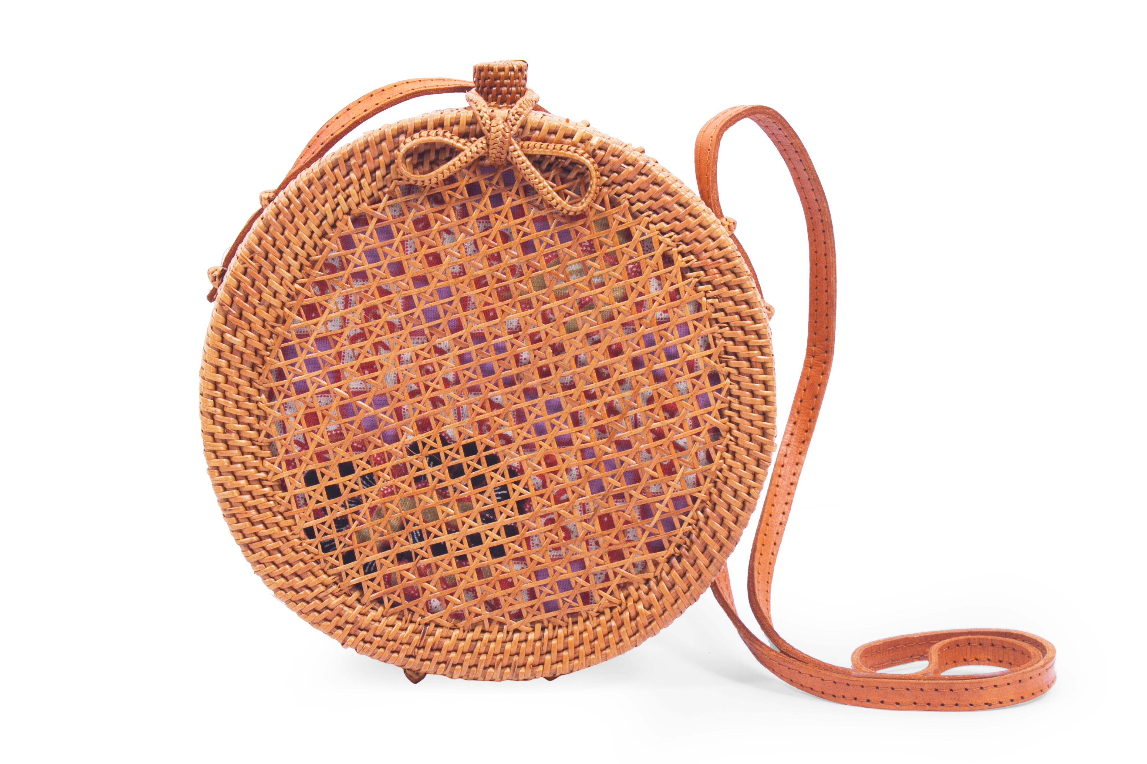 Front view Round Mesh Rattan Bali Crossbody Bag