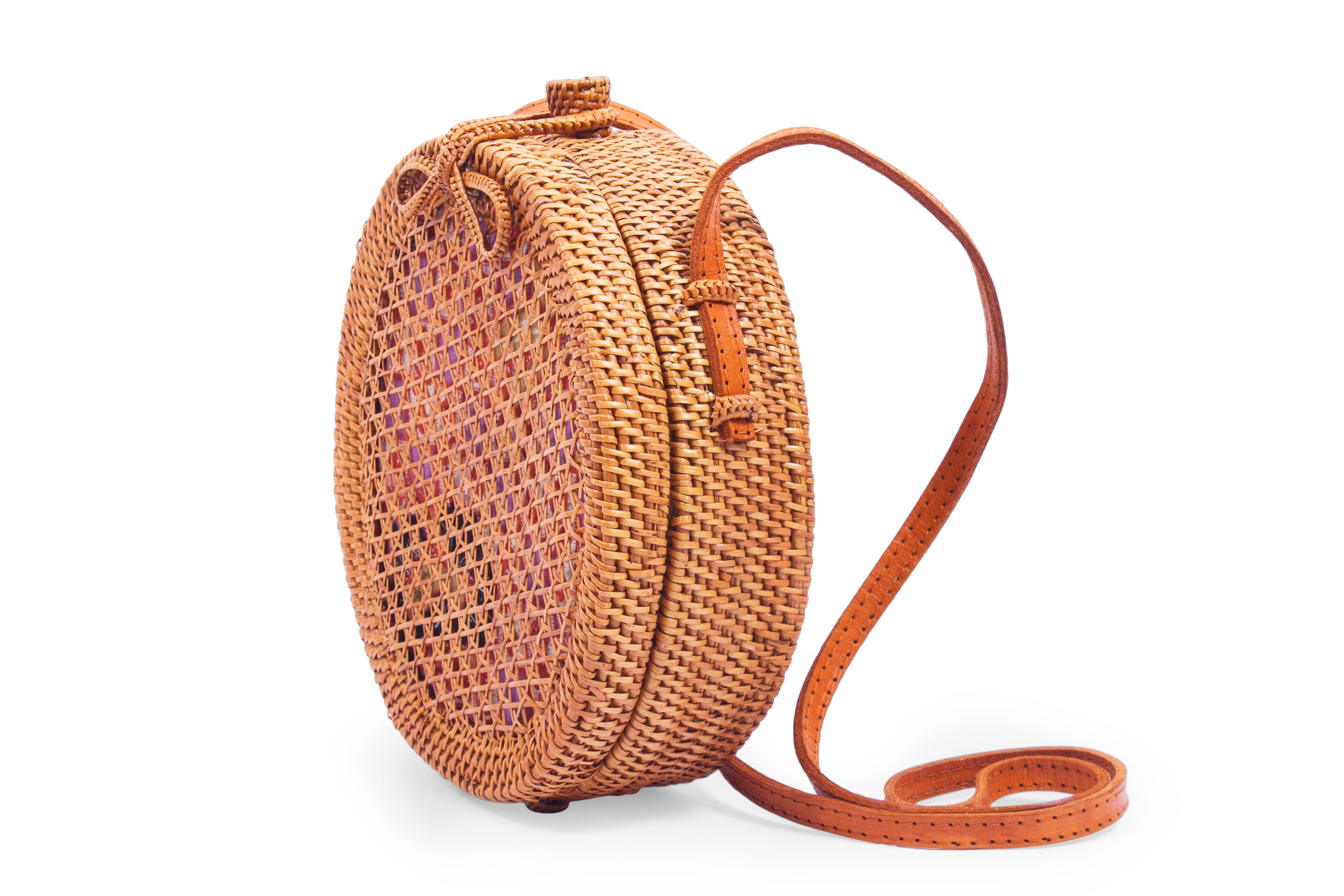 Side view Round Mesh Rattan Bali Crossbody Bag