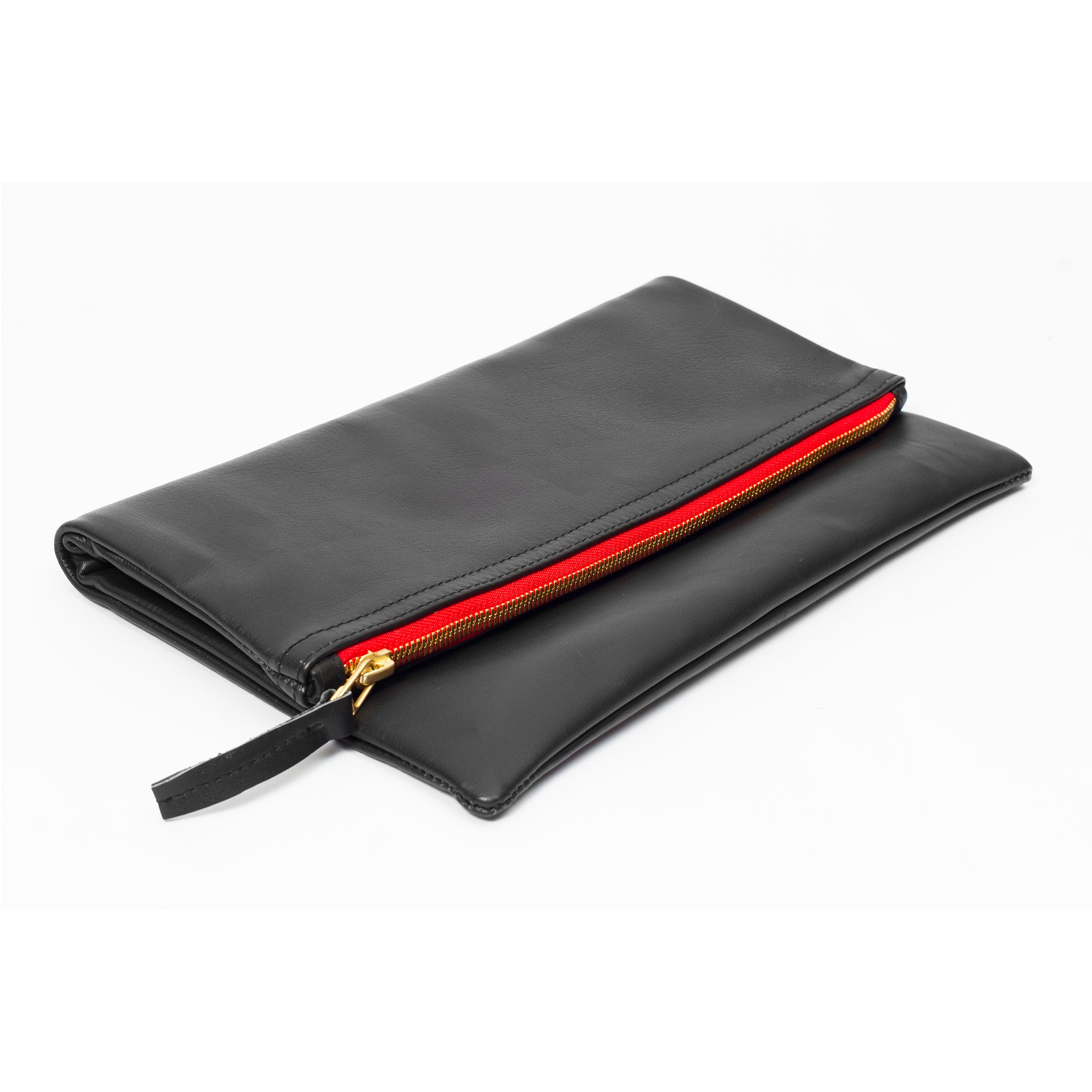 Flat view Black lambskin Leather Foldover Clutch