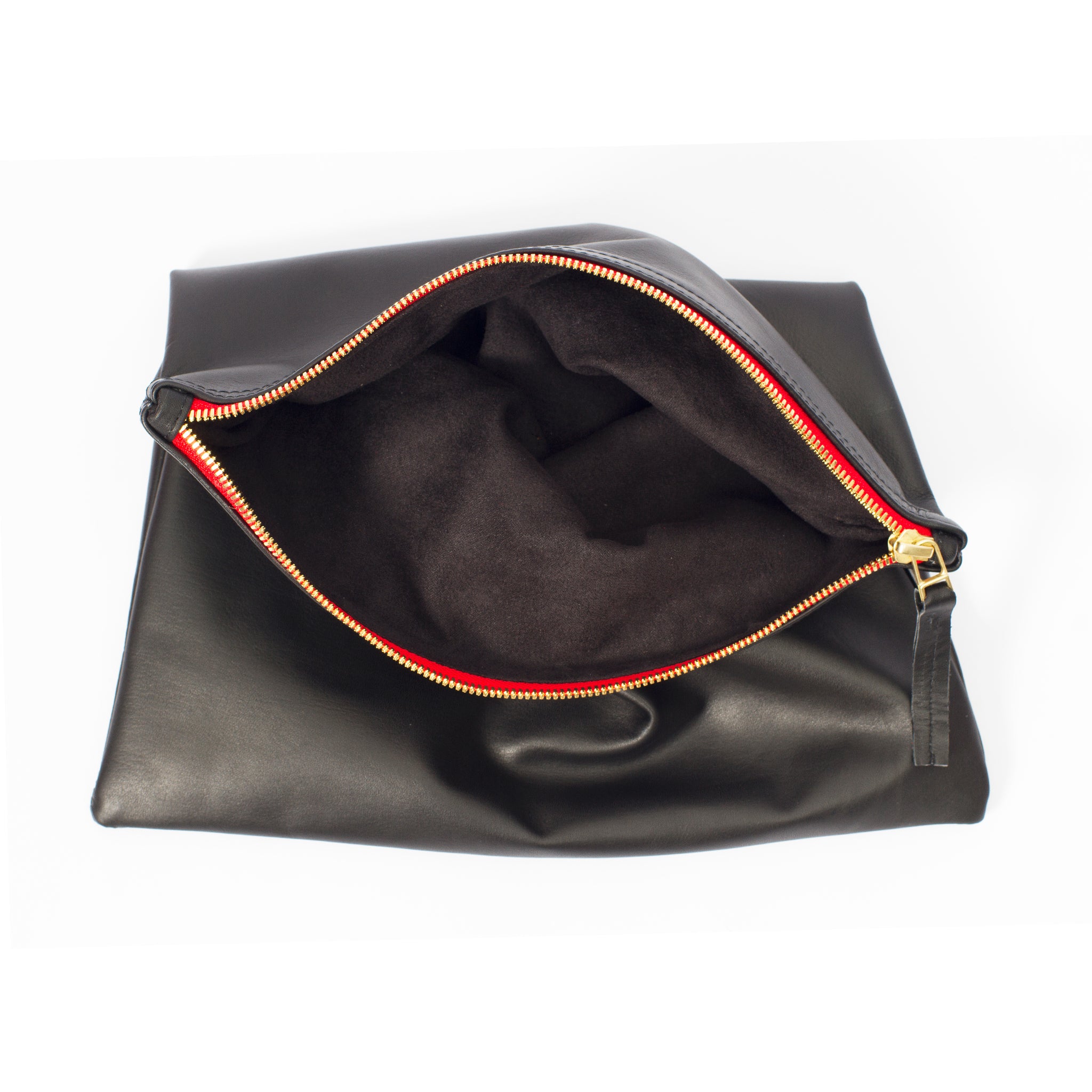 Inside view black genuine leather foldover clutch