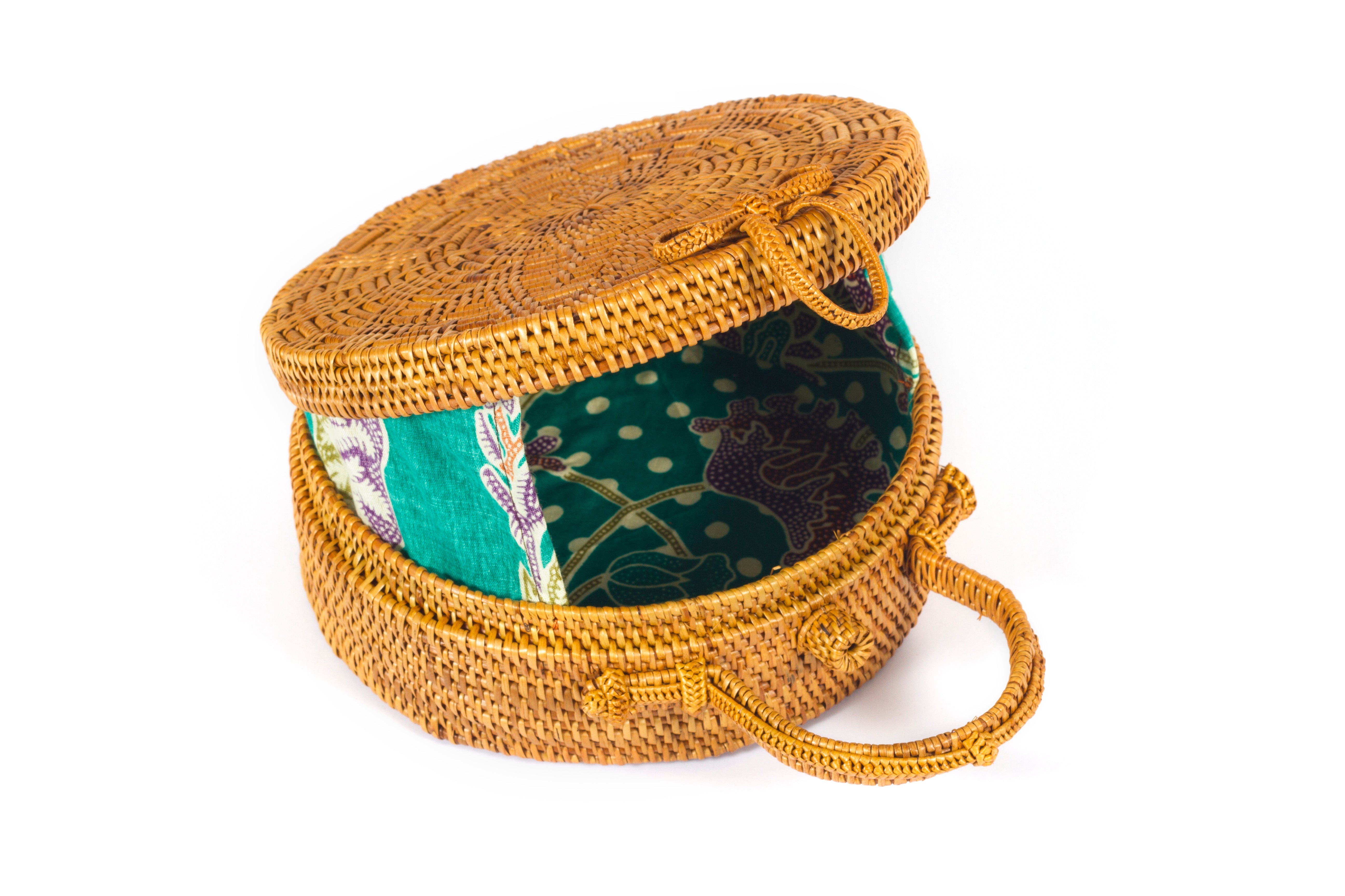 Round Bali Rattan Handle Bag Honey Brown