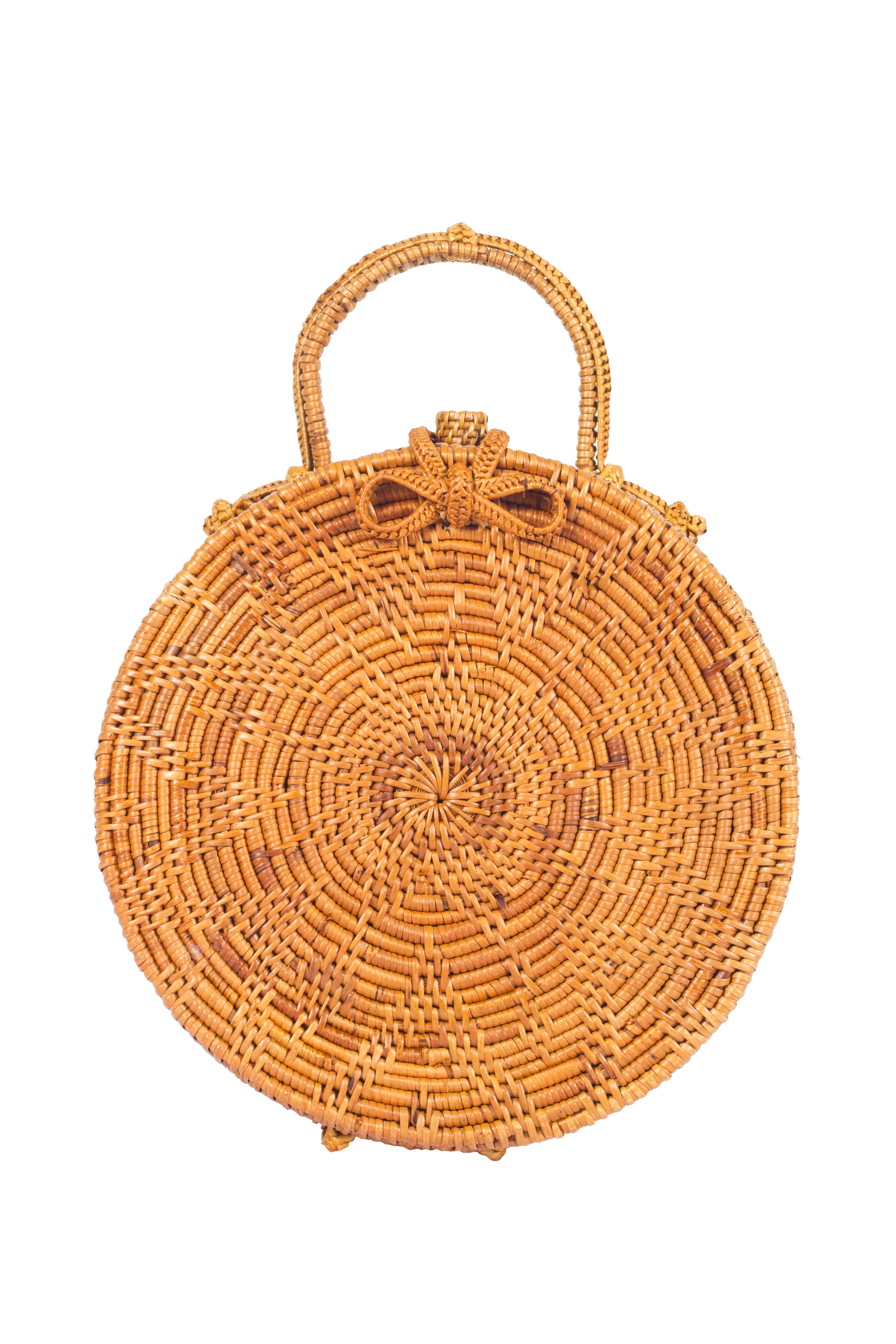 top handle round rattan honey brown bag