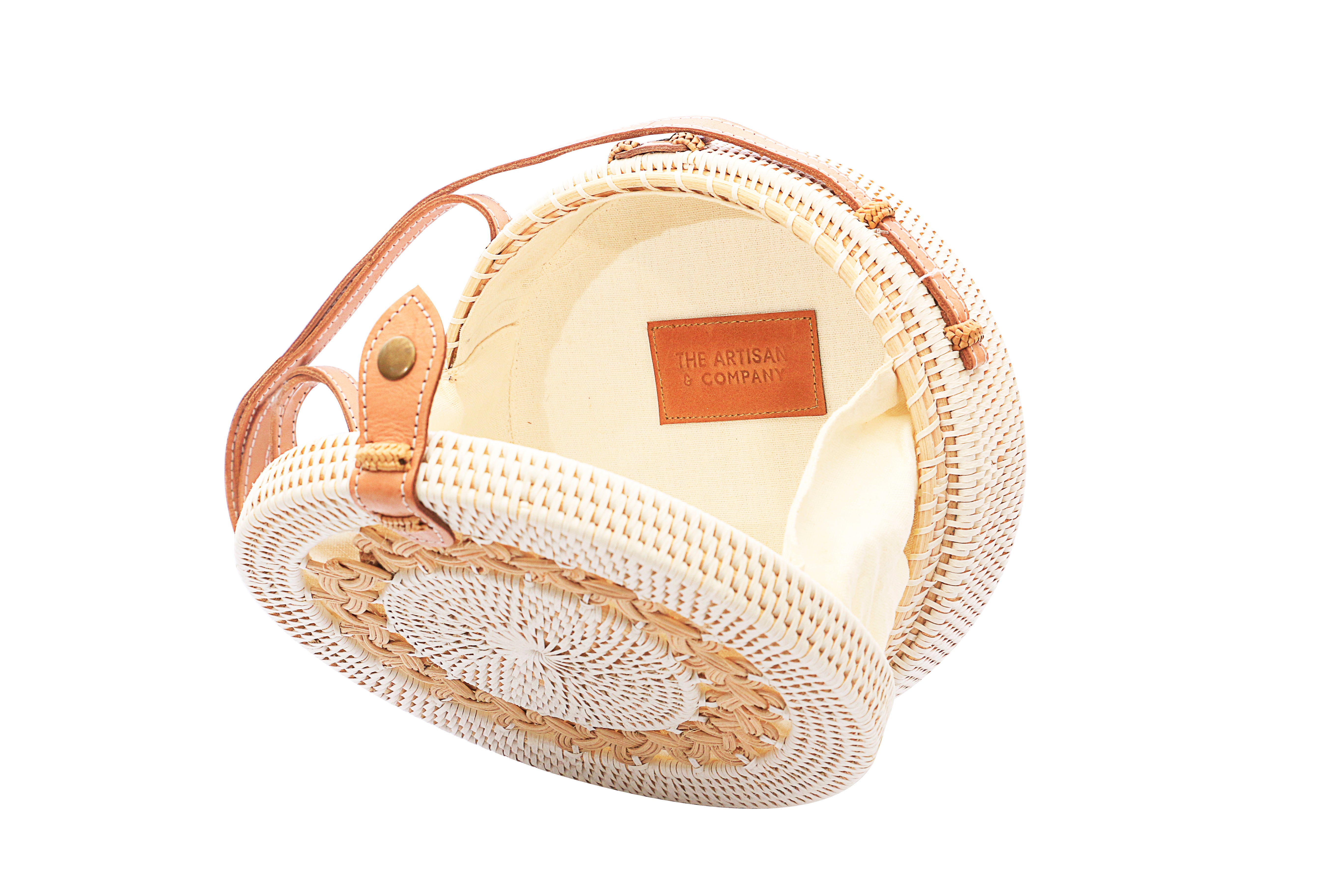Inside View White Round Classic Bali Rattan Bag