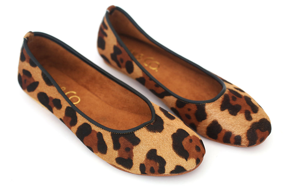 Printed Jaguar Beige Leather Ballet Flats