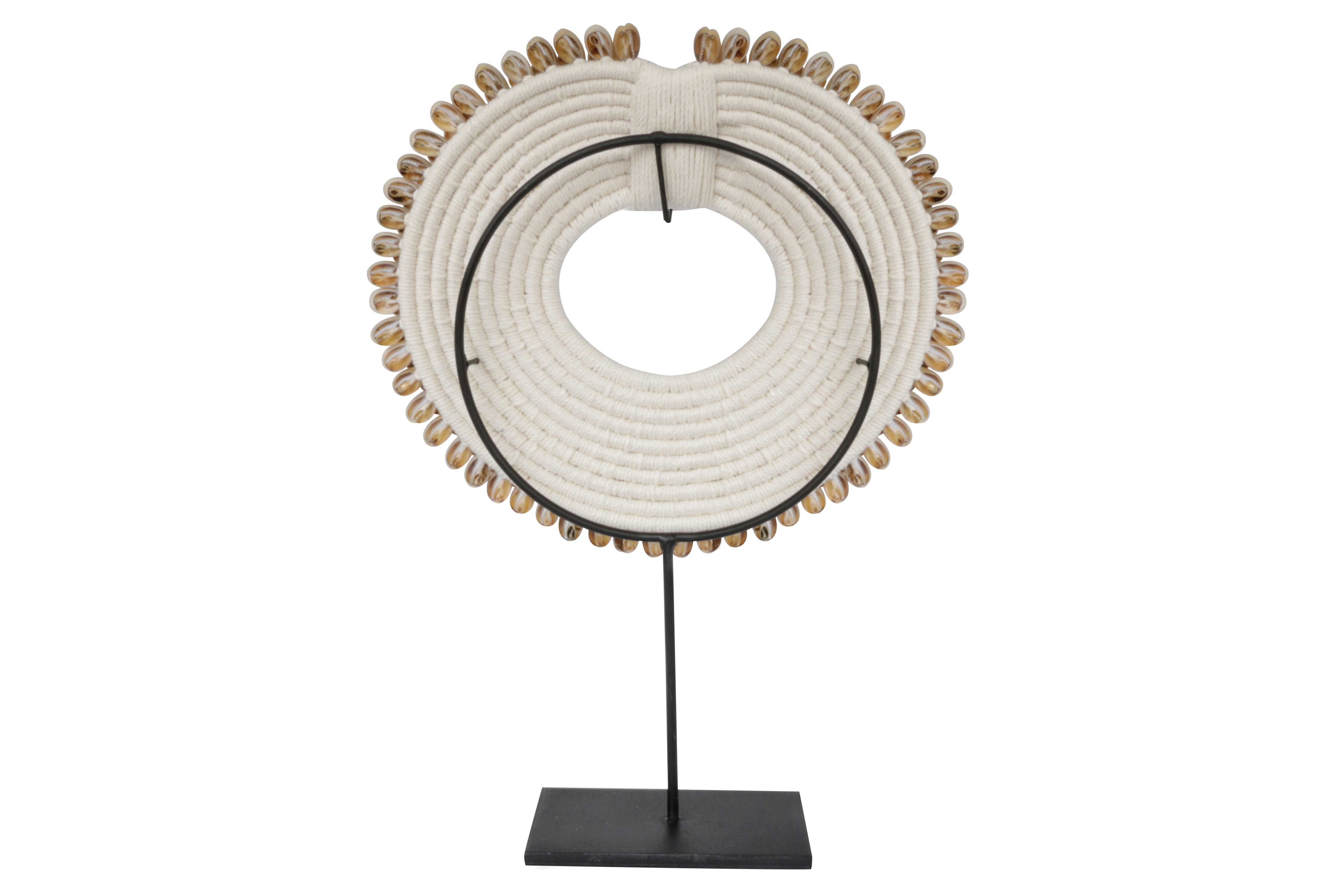 Back view cowrie shell tribal papua hoop necklace and stand
