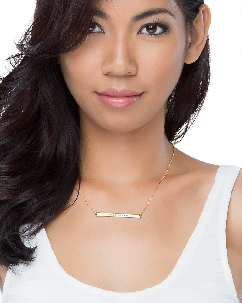Jewelry; Necklace; Bespoke jewelry; handstamp jewelry; handstamp necklace; bespoke necklace; skinny tag necklace; Jennifer fisher tag necklace; gold tag necklace; bar necklace; minimalist bar necklace; bridesmaids jewelry; bridesmaid necklace; bridesmaid gift ideas; best friend jewelry; anniversary gift idea; birthday gift ideas; jewelry for special occasions; graduation gift; birth necklace; mom to be jewelry