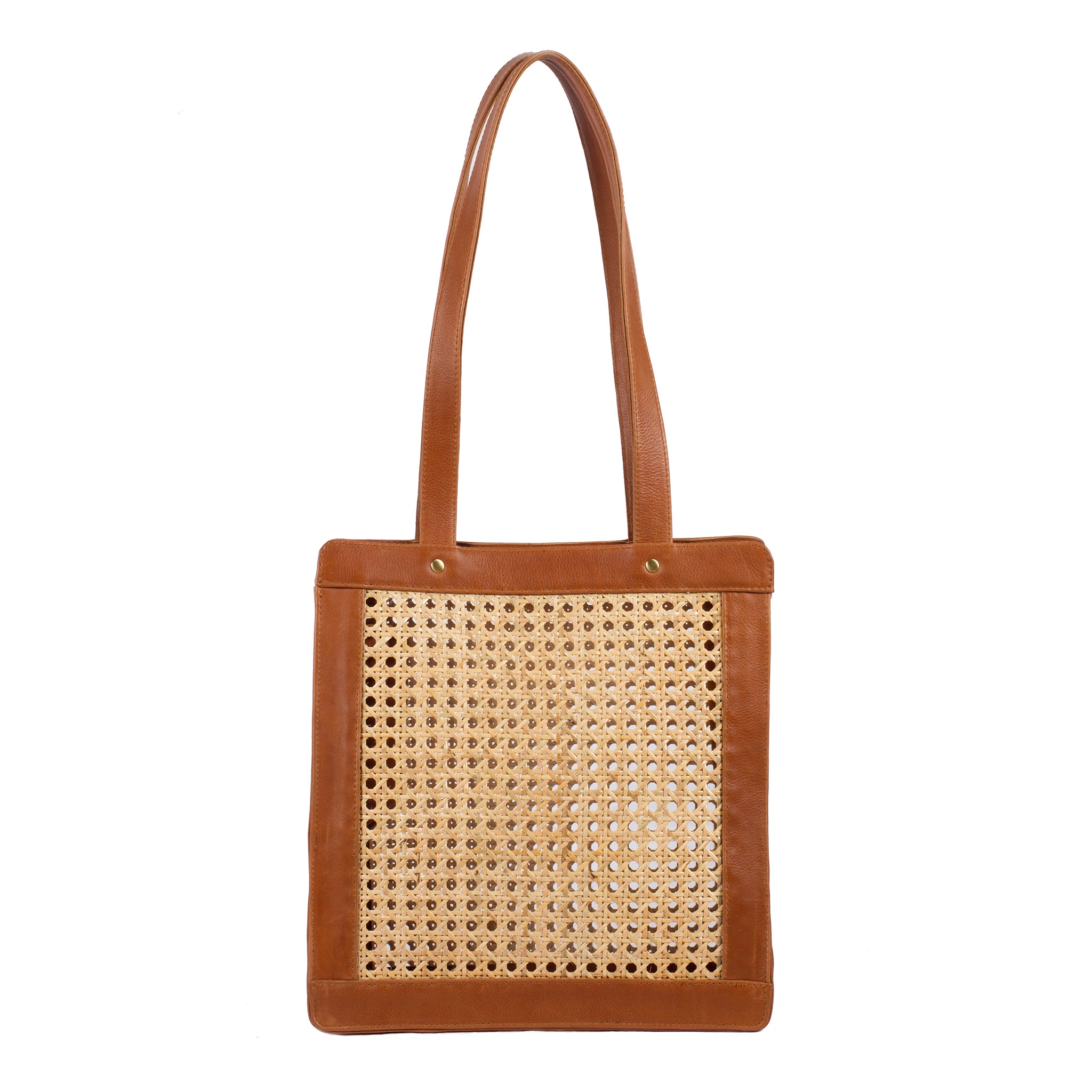 Rattan & Leather Tote Handbag; Camel Rattan & Leather Shoulder Bag