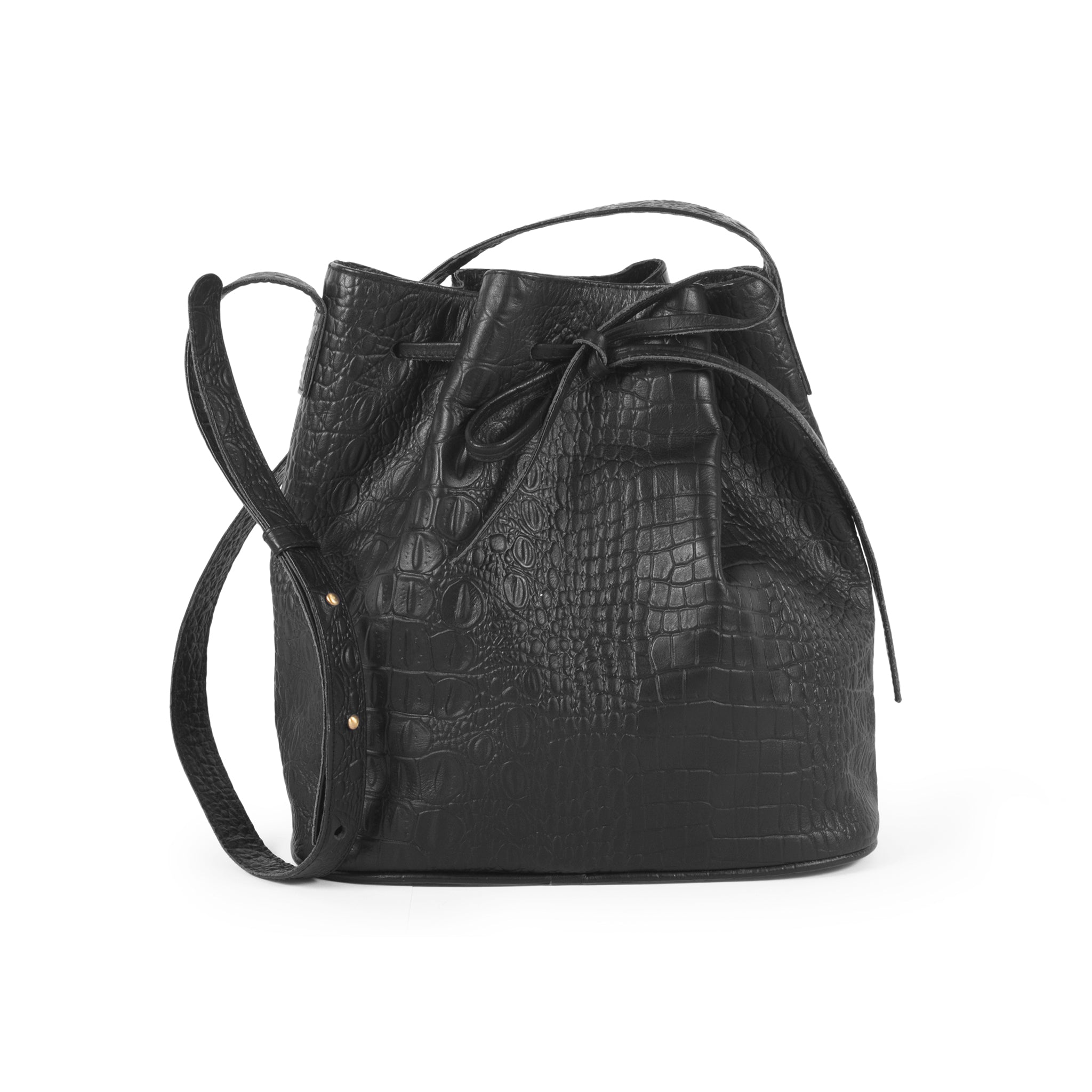 Black Crocodile Embossed Genuine Leather Bucket Handbag