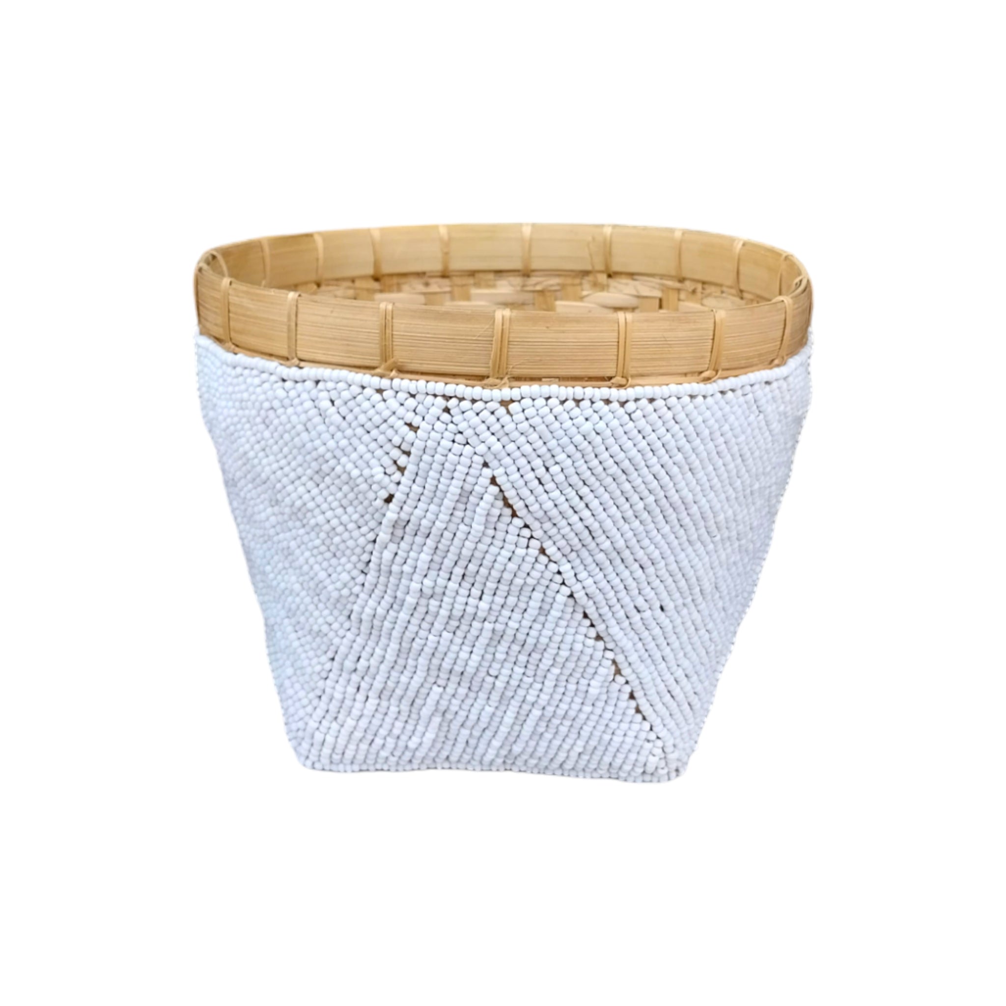 White Small Bamboo Beaded Decorative Basket Planter Made in Bali Indonesia