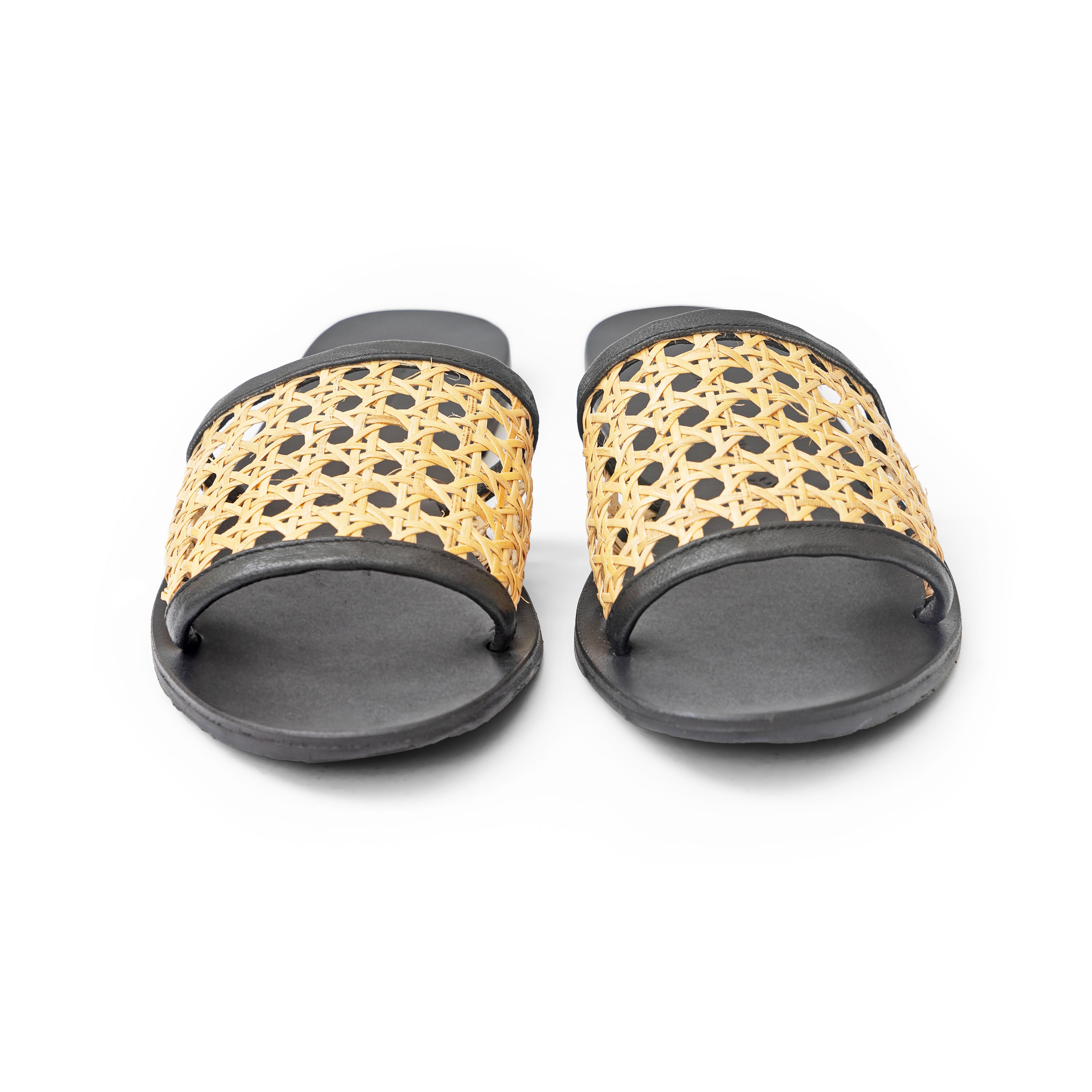 Black Leather and Rattan Slides