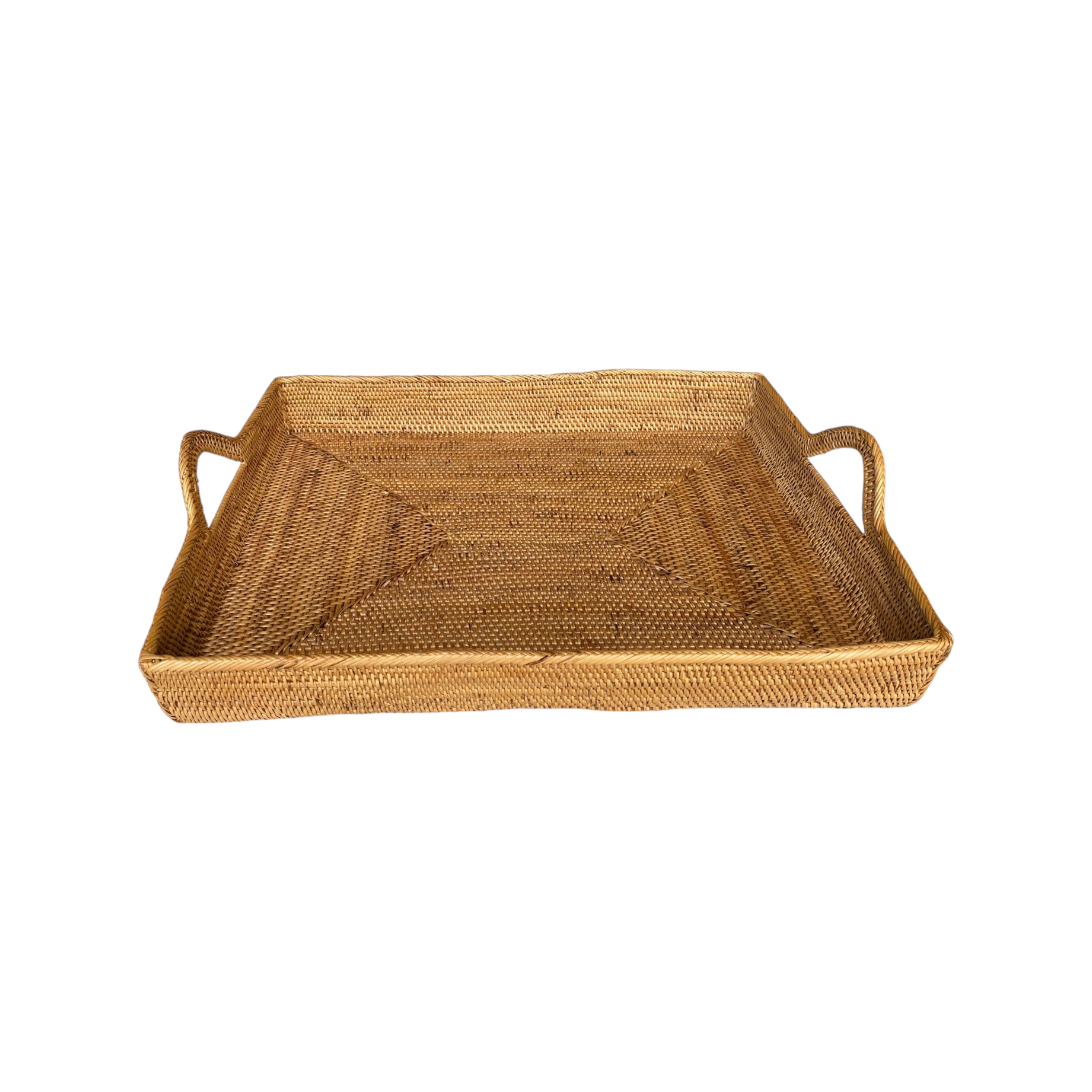Woven rattan tray with handles on a white background