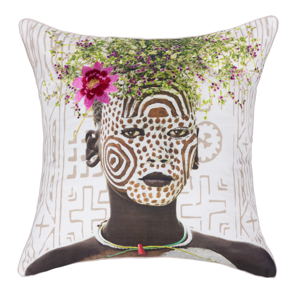 Linen Cushion Cover with embroidery and hand painted print