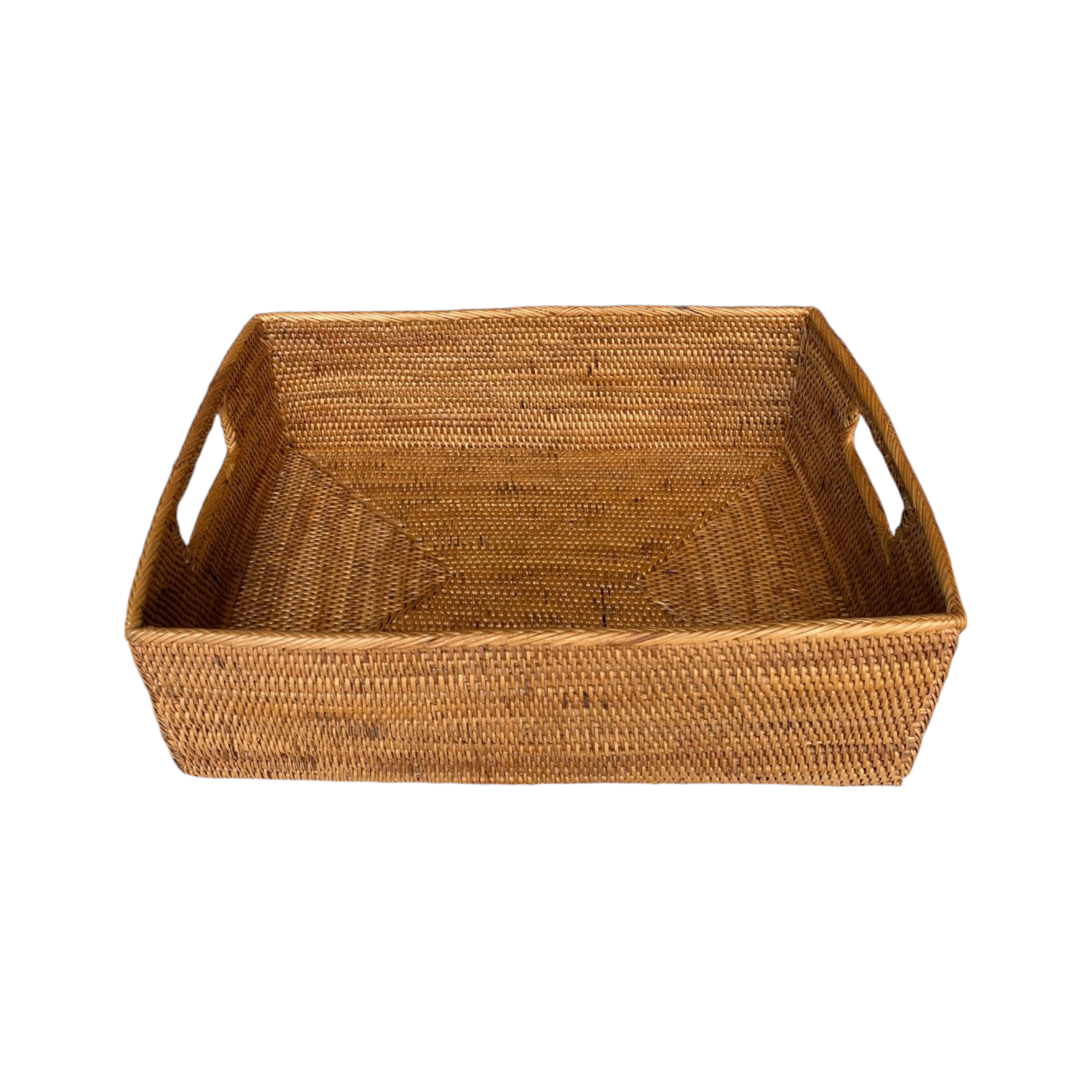 Woven brown rectangular tray with handles on a white background