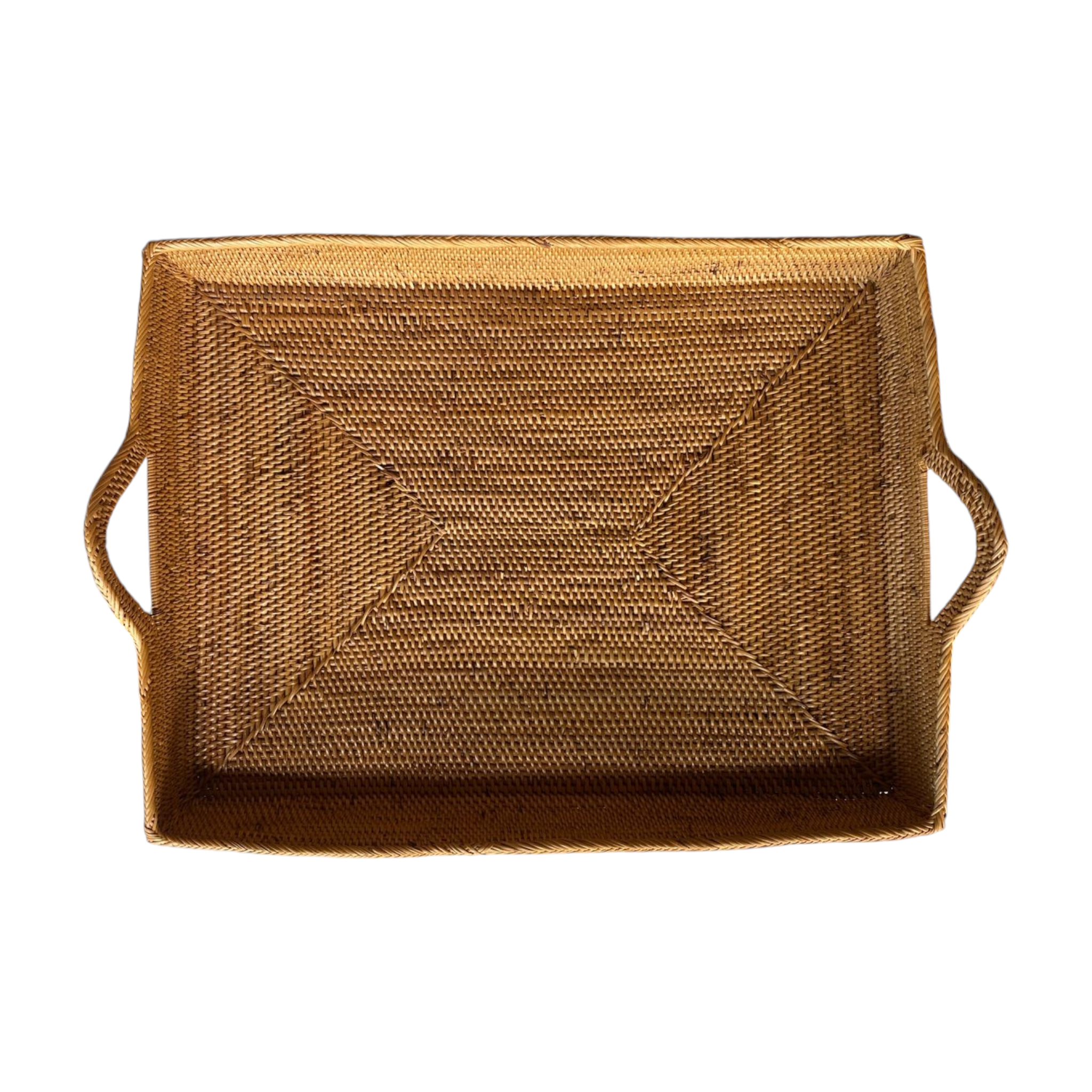 Woven rectangular tray with handles on a white background
