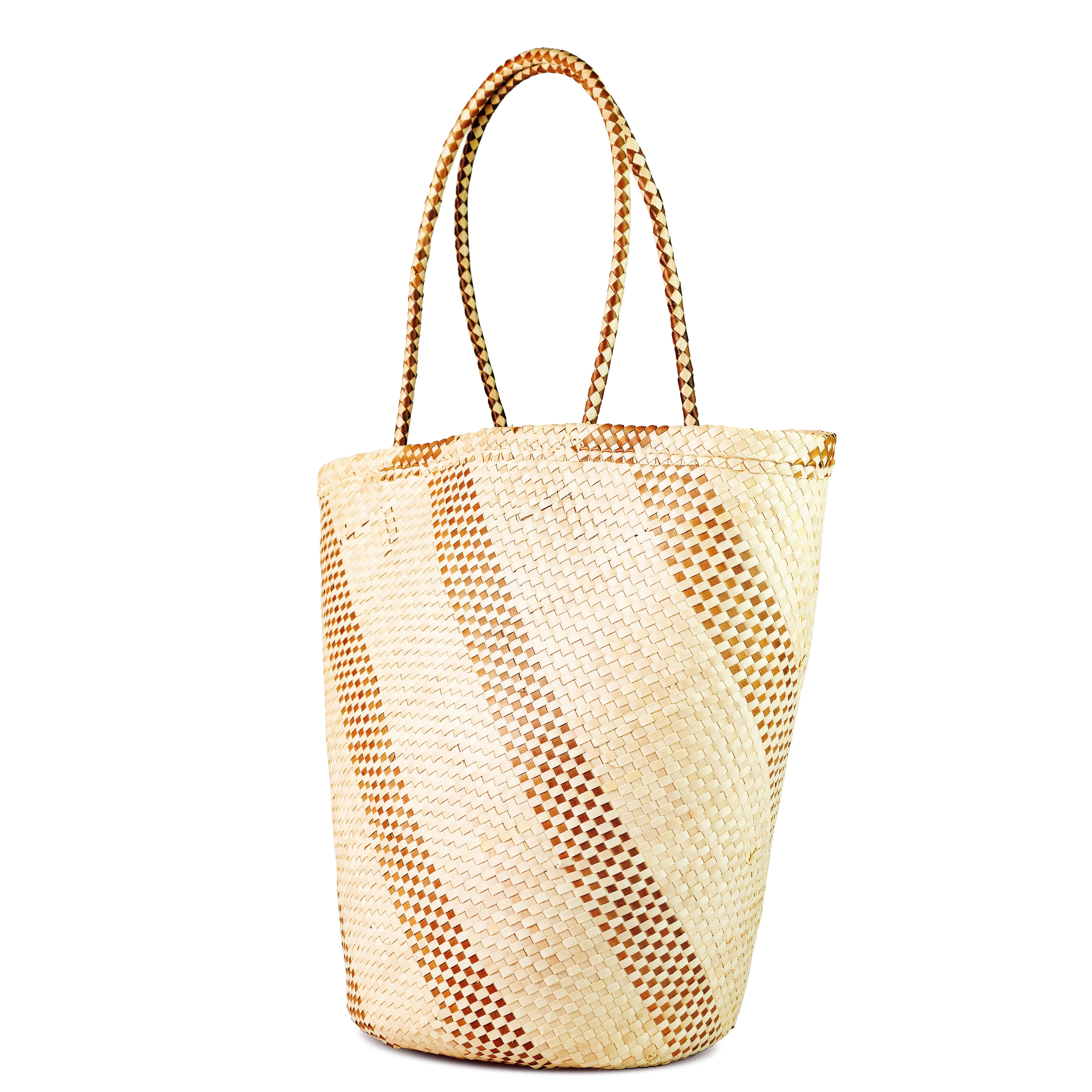 Side view tan and natural tote shopper basket bag