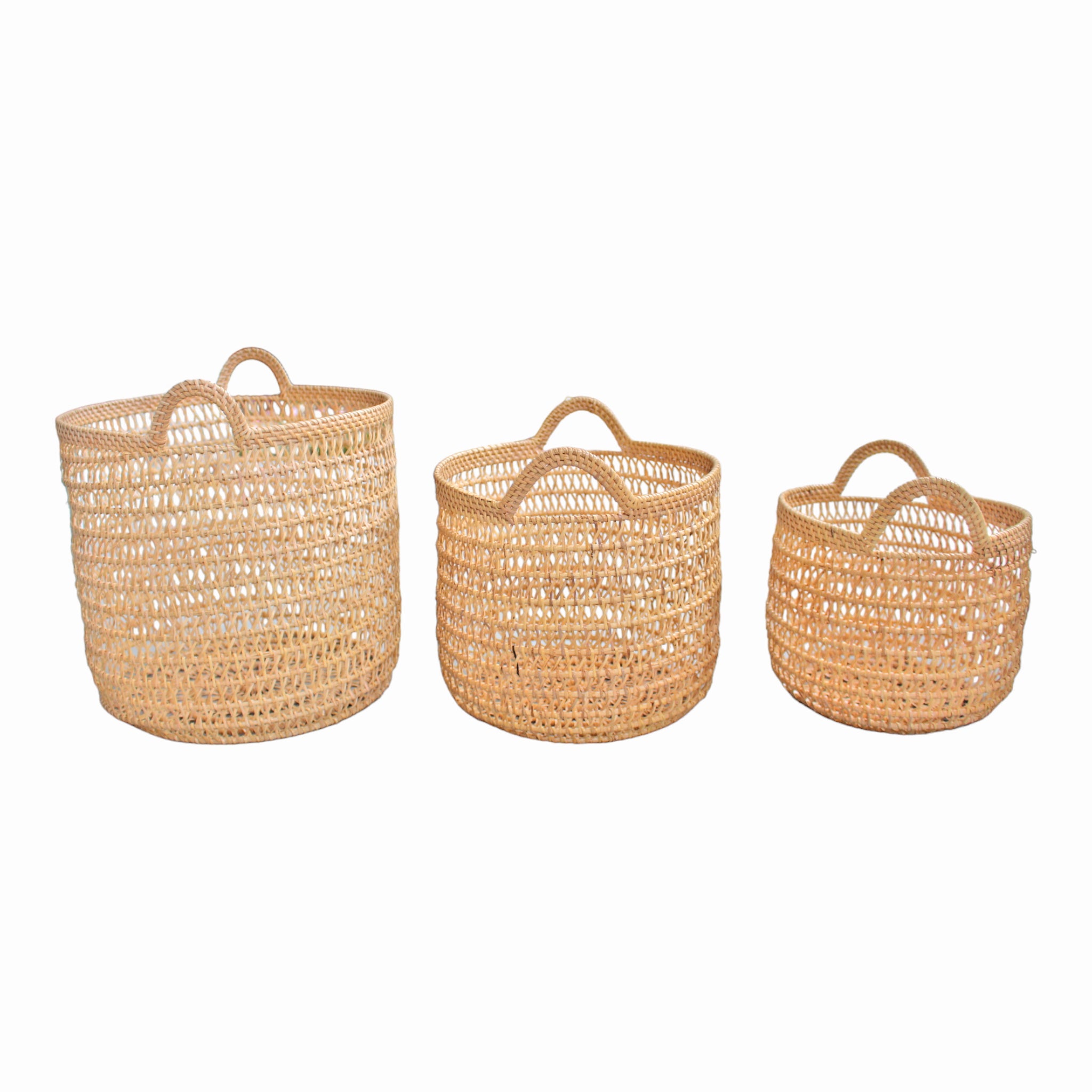 Open Weave Decorative Basket With Handles Set of 3