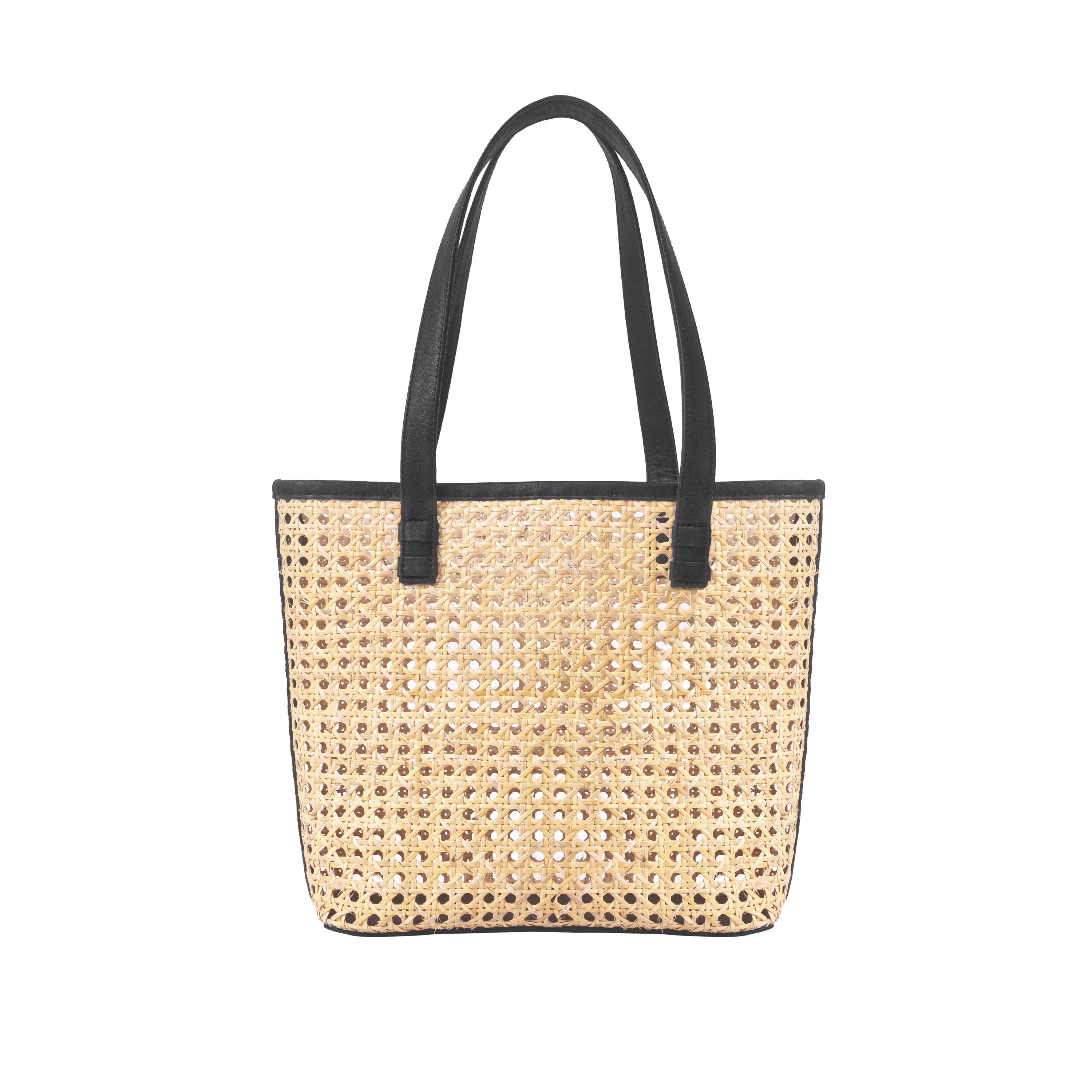 Black Leather Trim and Rattan Caning Shoulder Open Weave Market Shopper Tote Handbag
