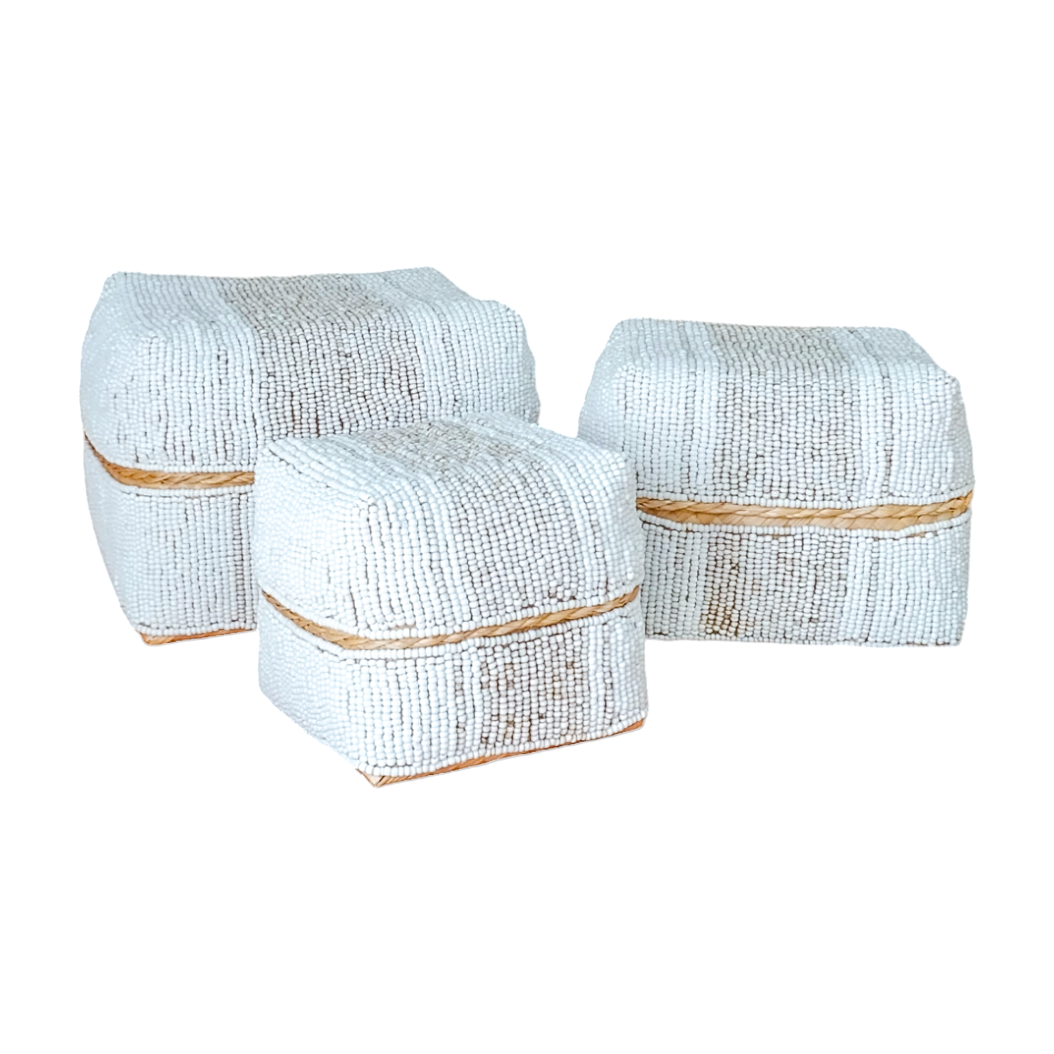 Bali Bamboo Beaded Box-White and Beige