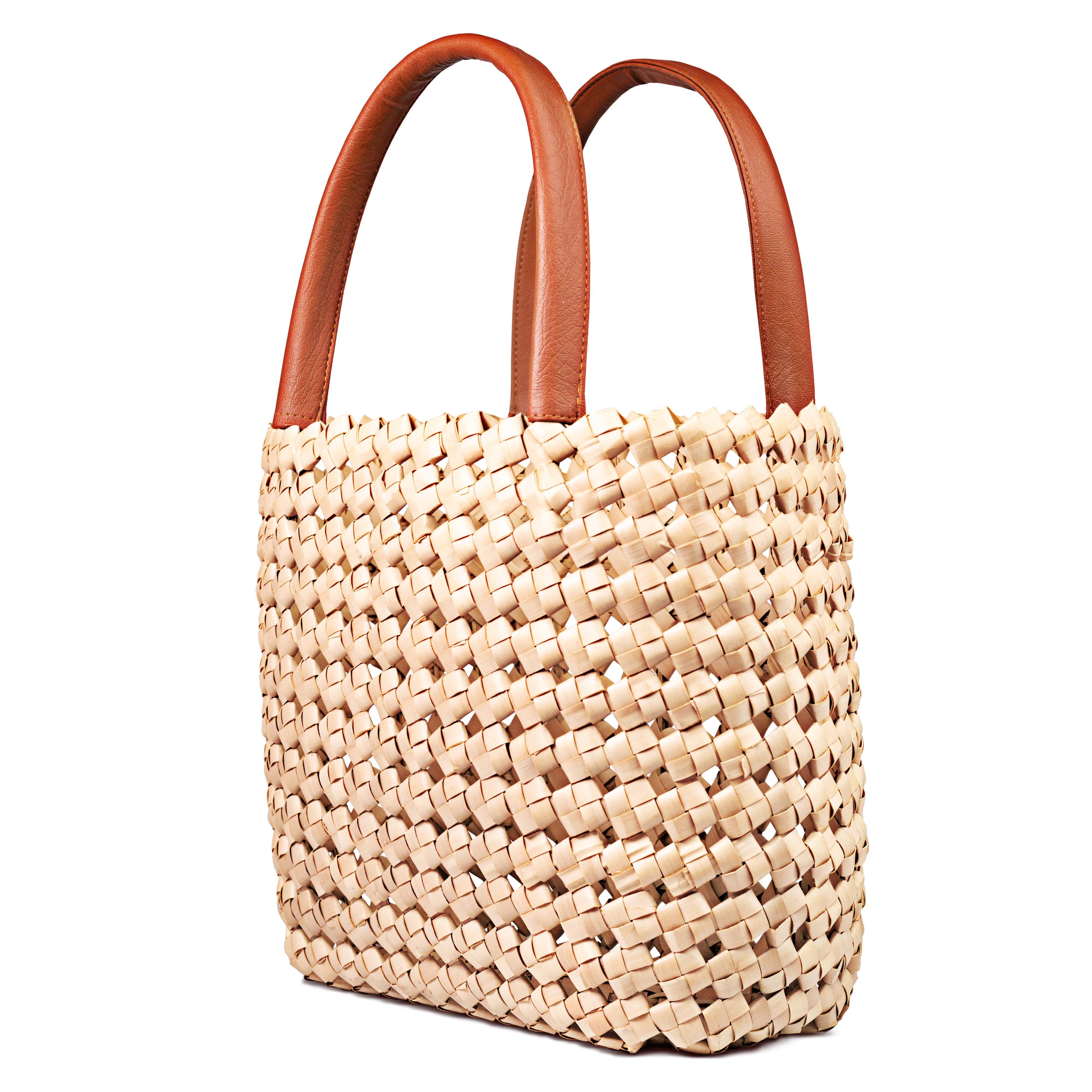 Side view Natural Mesh Tote Basket Bag with tan leather handle 