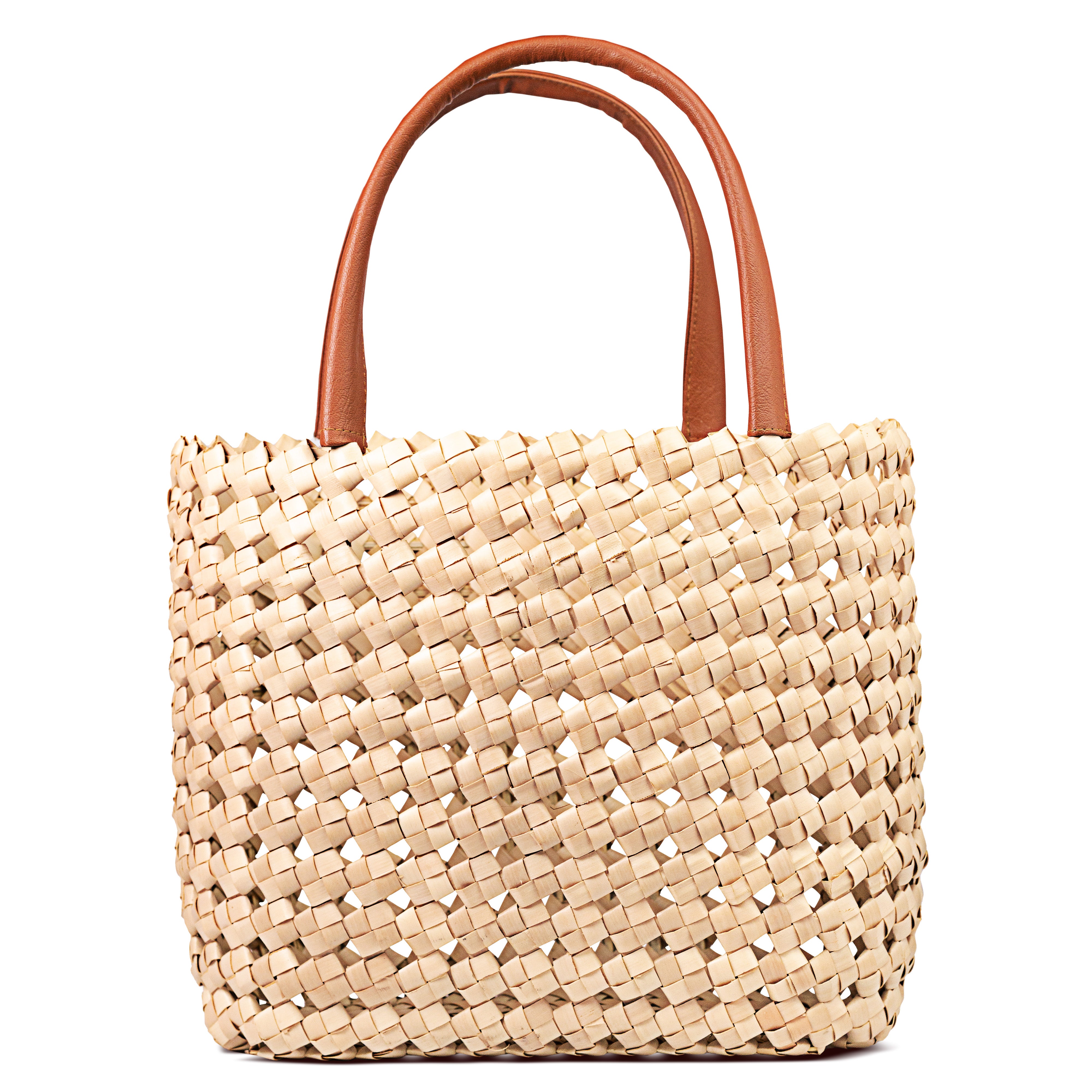 Natural Mesh Tote Basket Bag with tan leather handle 