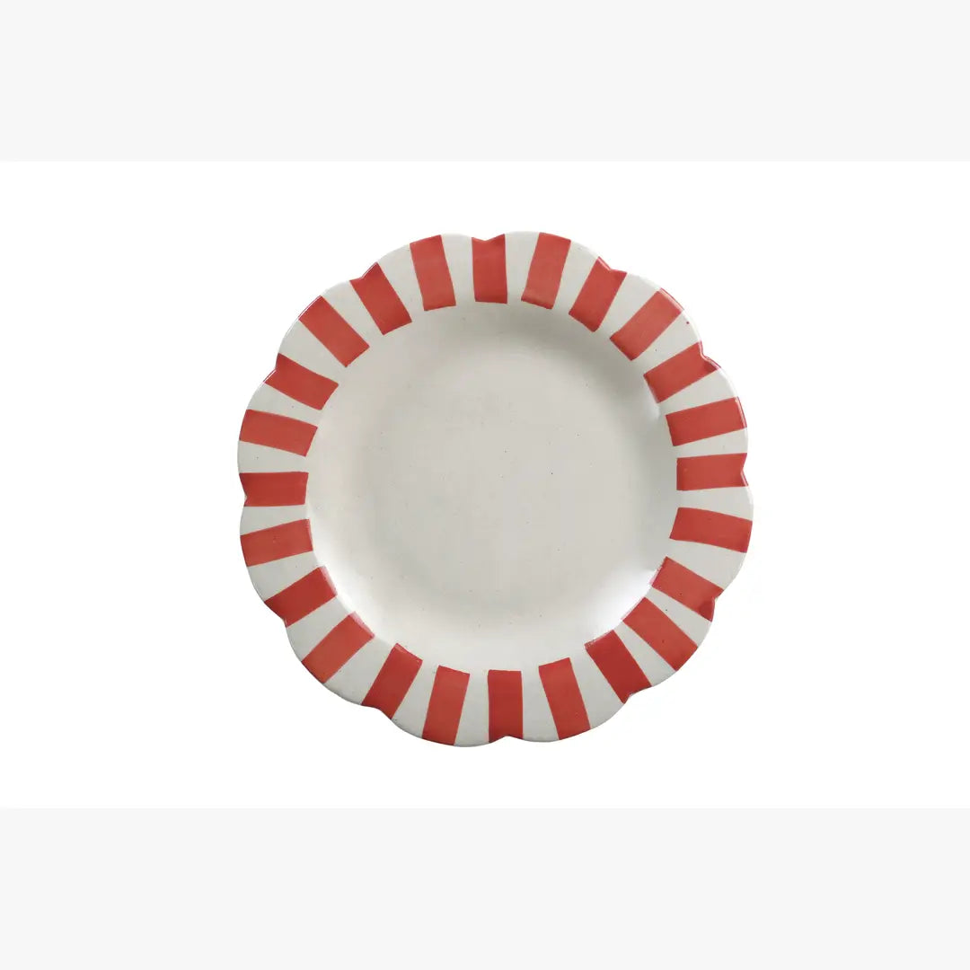 White plate with red striped rim on a white background