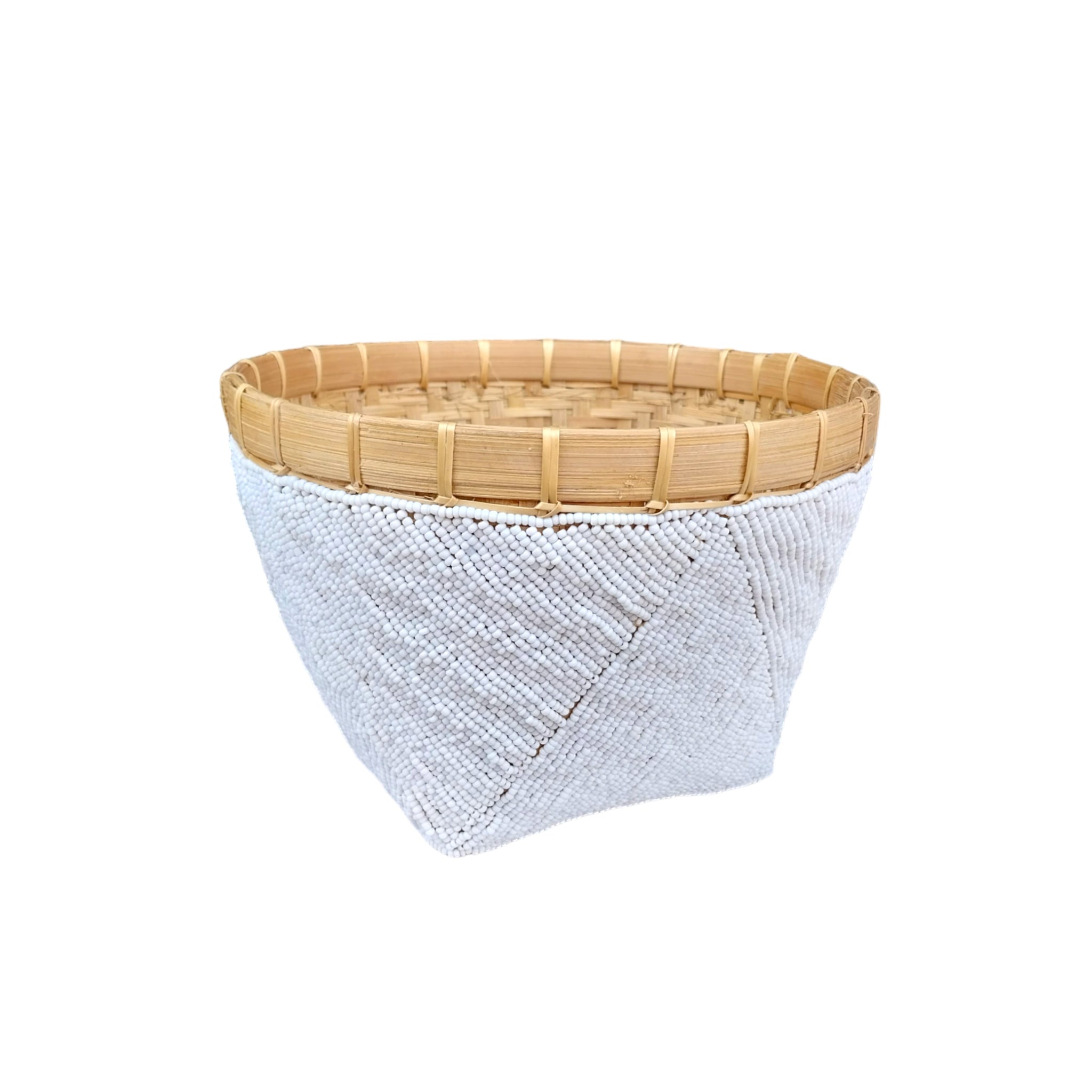 White Medium Decorative Beaded Bamboo Basket Made in Bali Indonesia