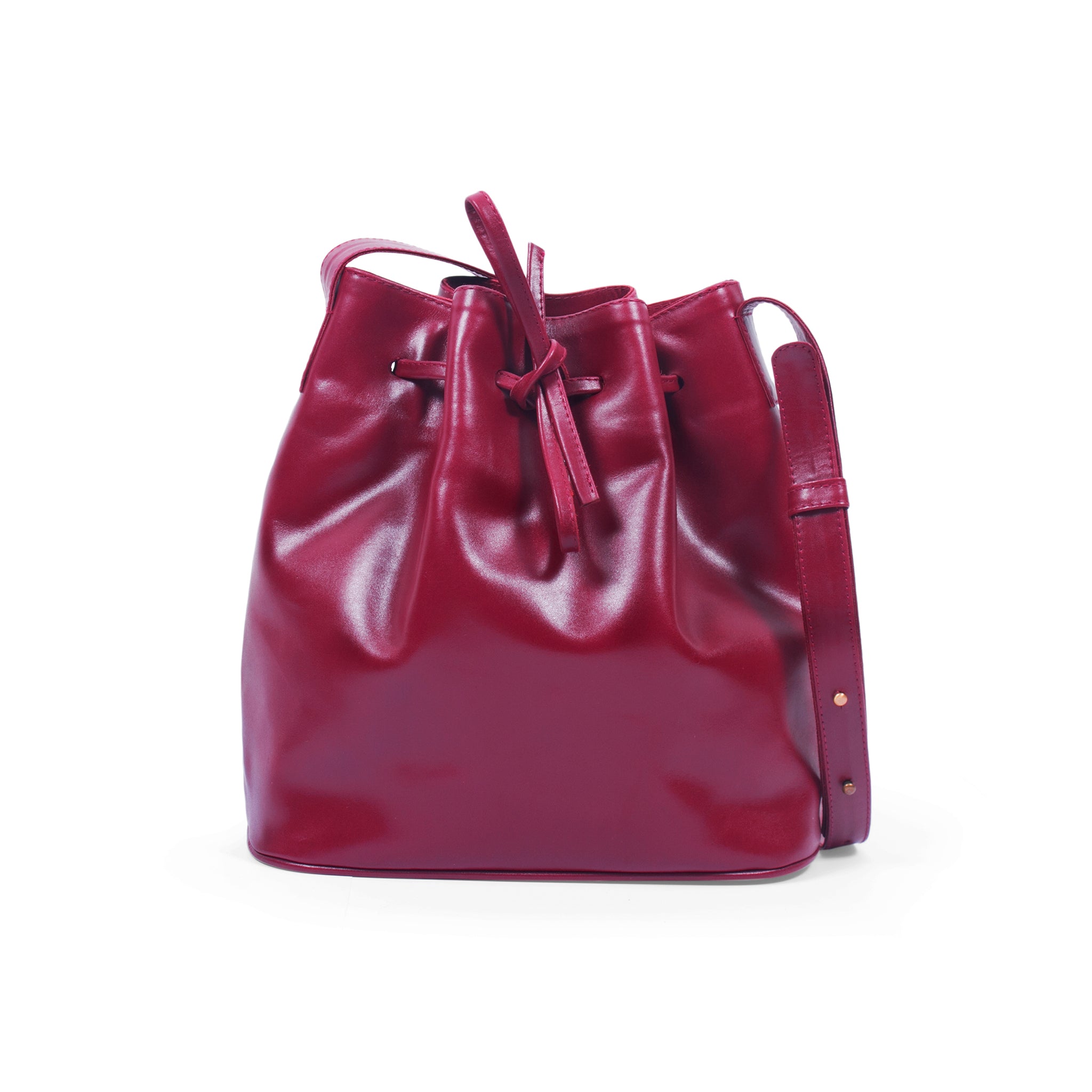 wine red crossbody bucket shoulder leather handbag for women