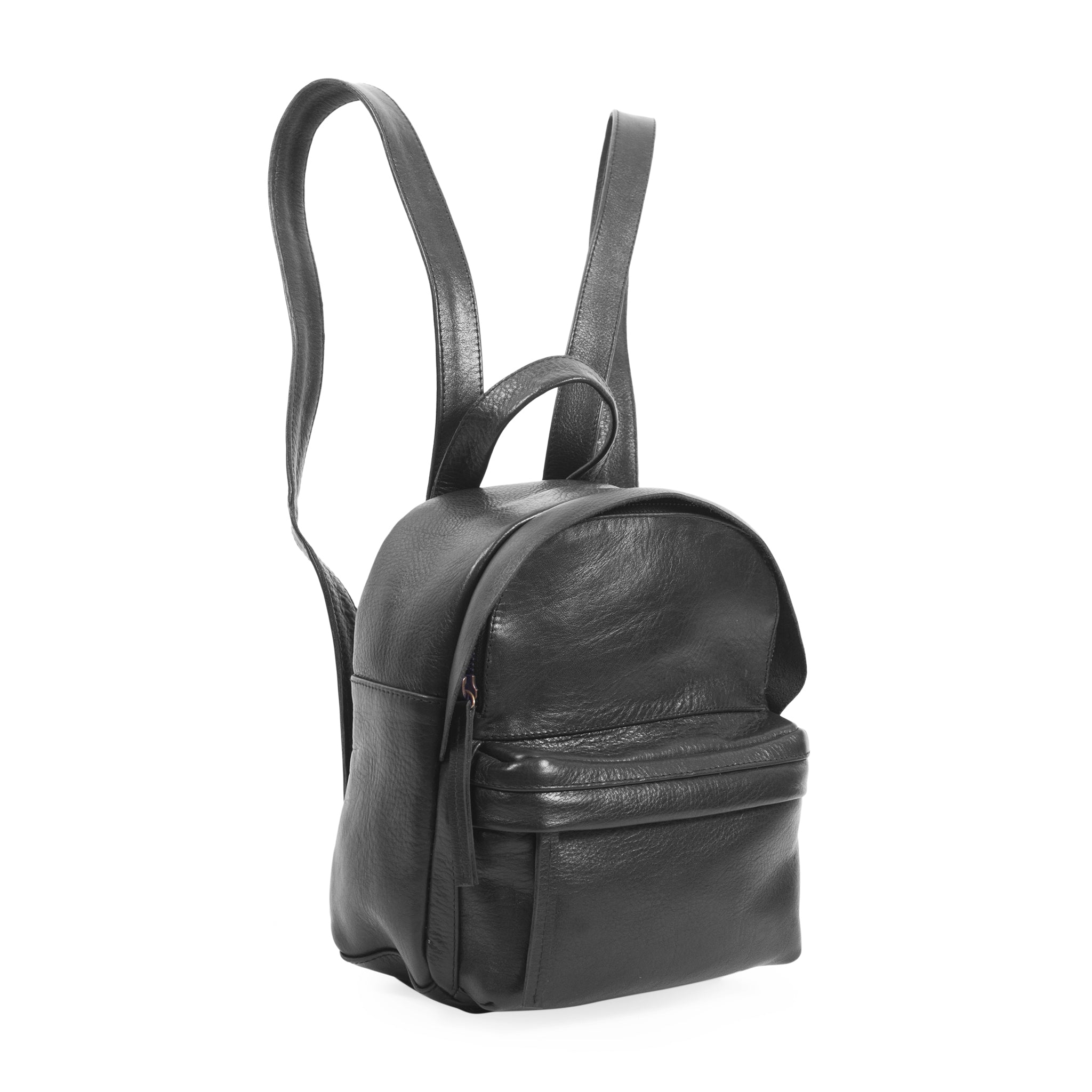 Side view black genuine leather mini backpack