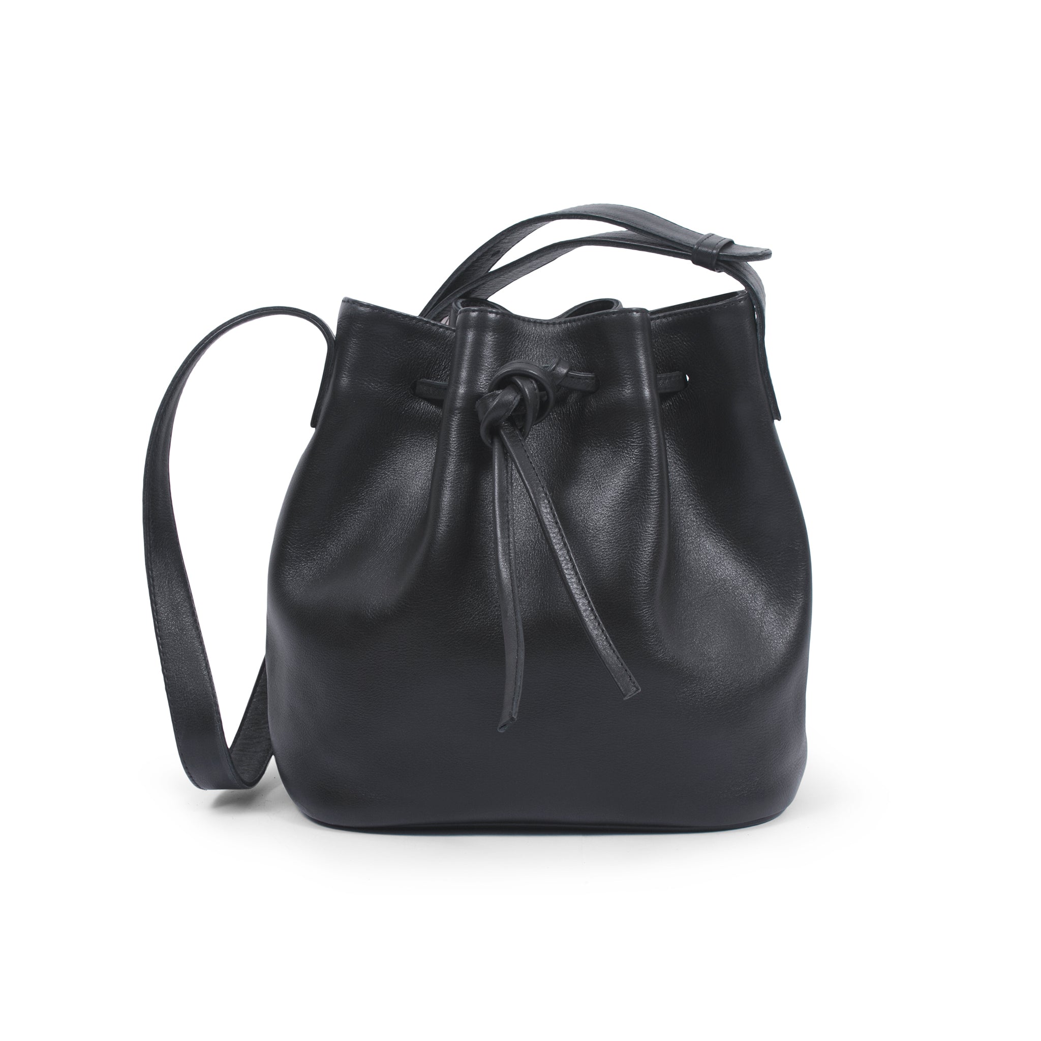 Black cowhide leather bucket shoulder crossbody women's handbag