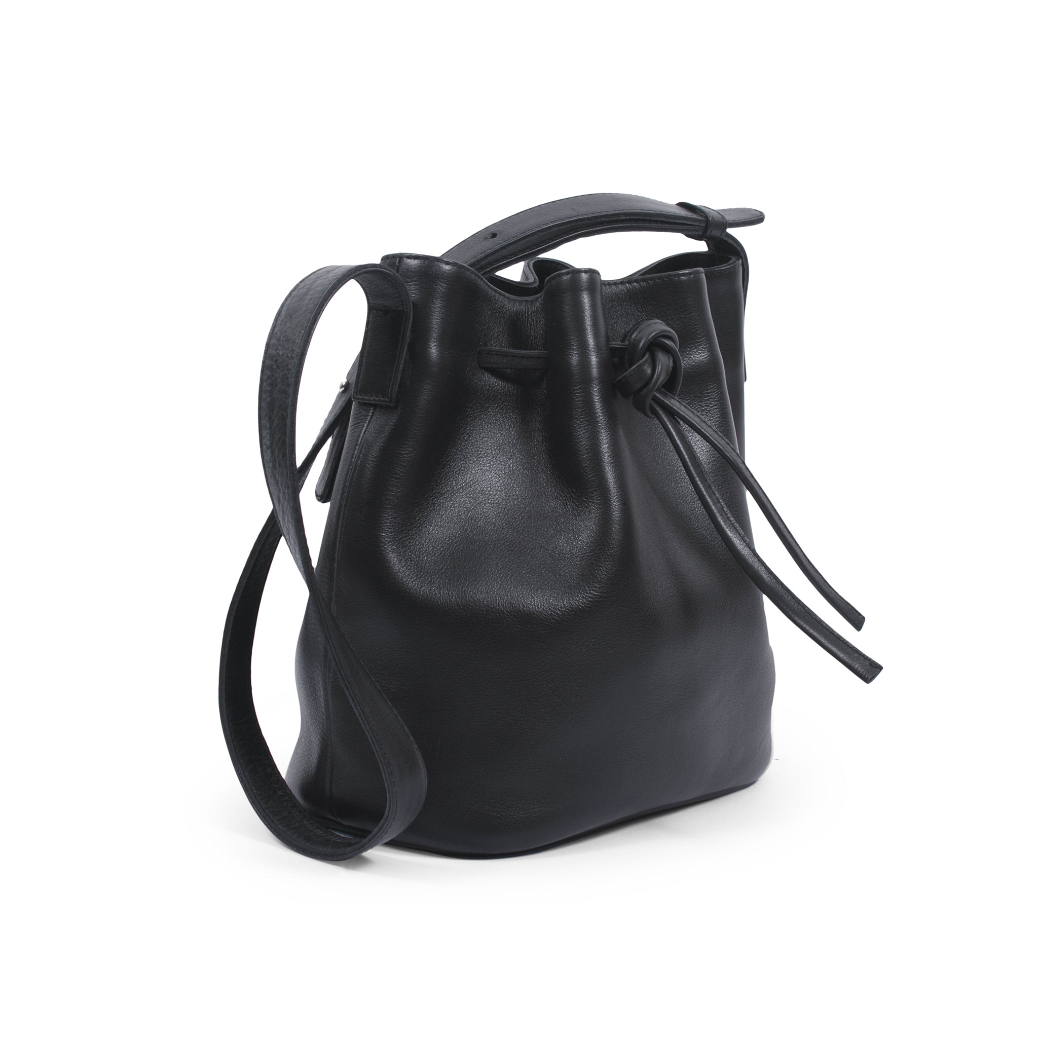 Side view black cowhide leather crossbody shoulder bucket handbag