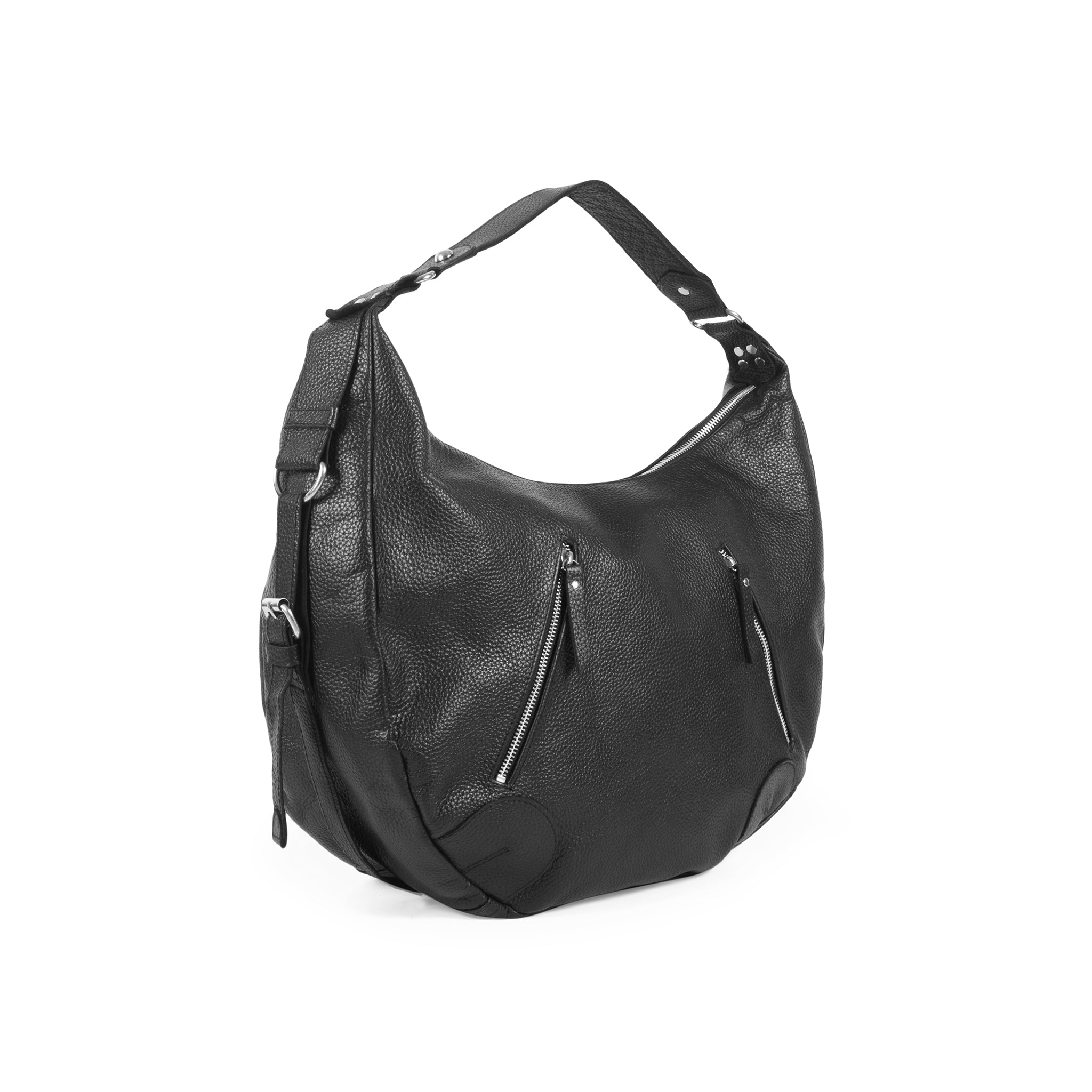 Side view Black Leather Pebbled Texture Hobo Shoulder Bag