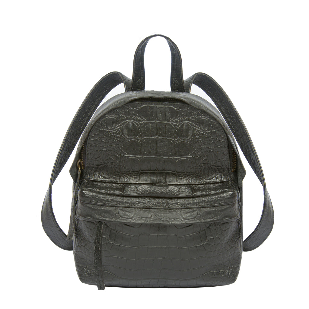 front view croco embossed black leather mini backpack 