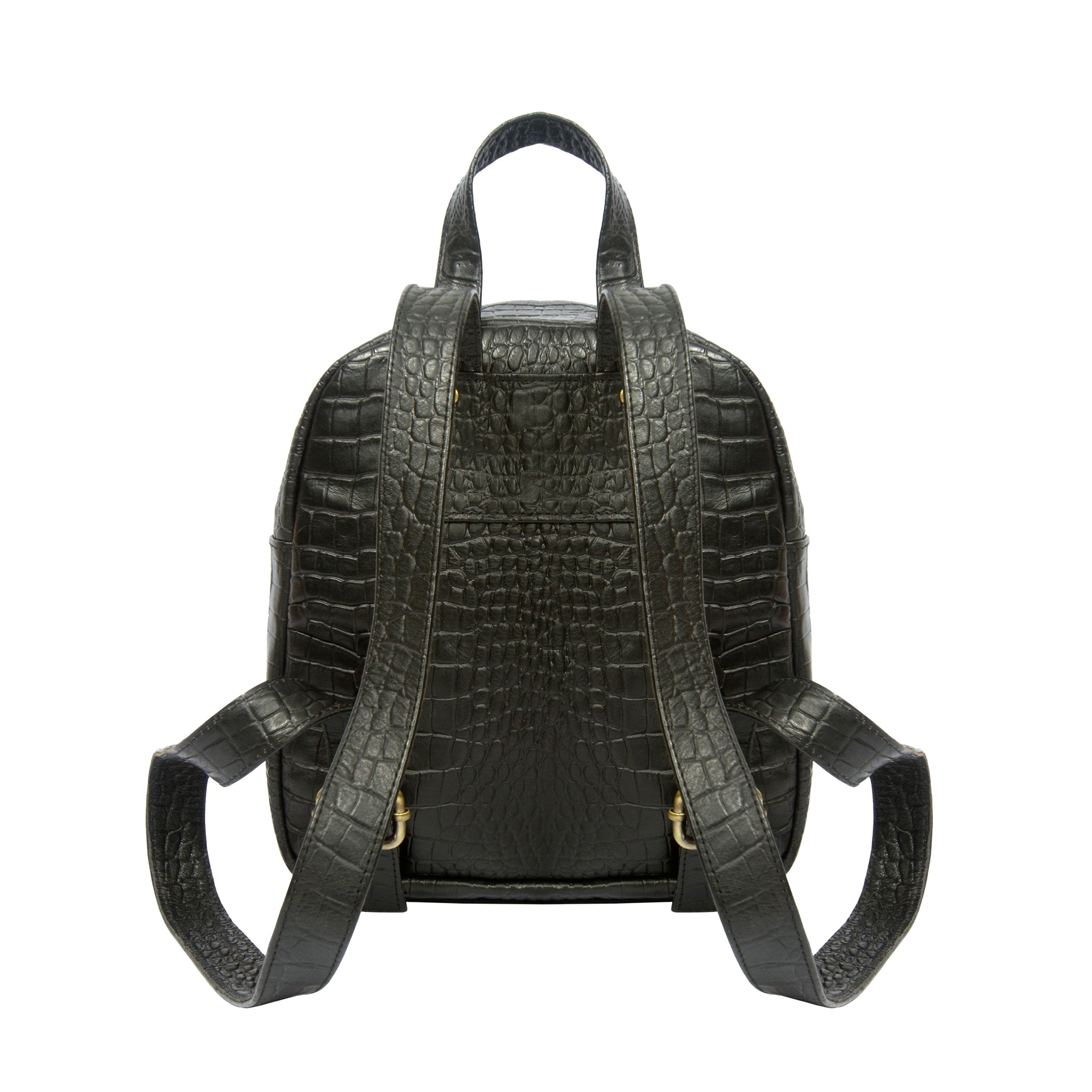 Back view Croco embossed black real leather mini backpack