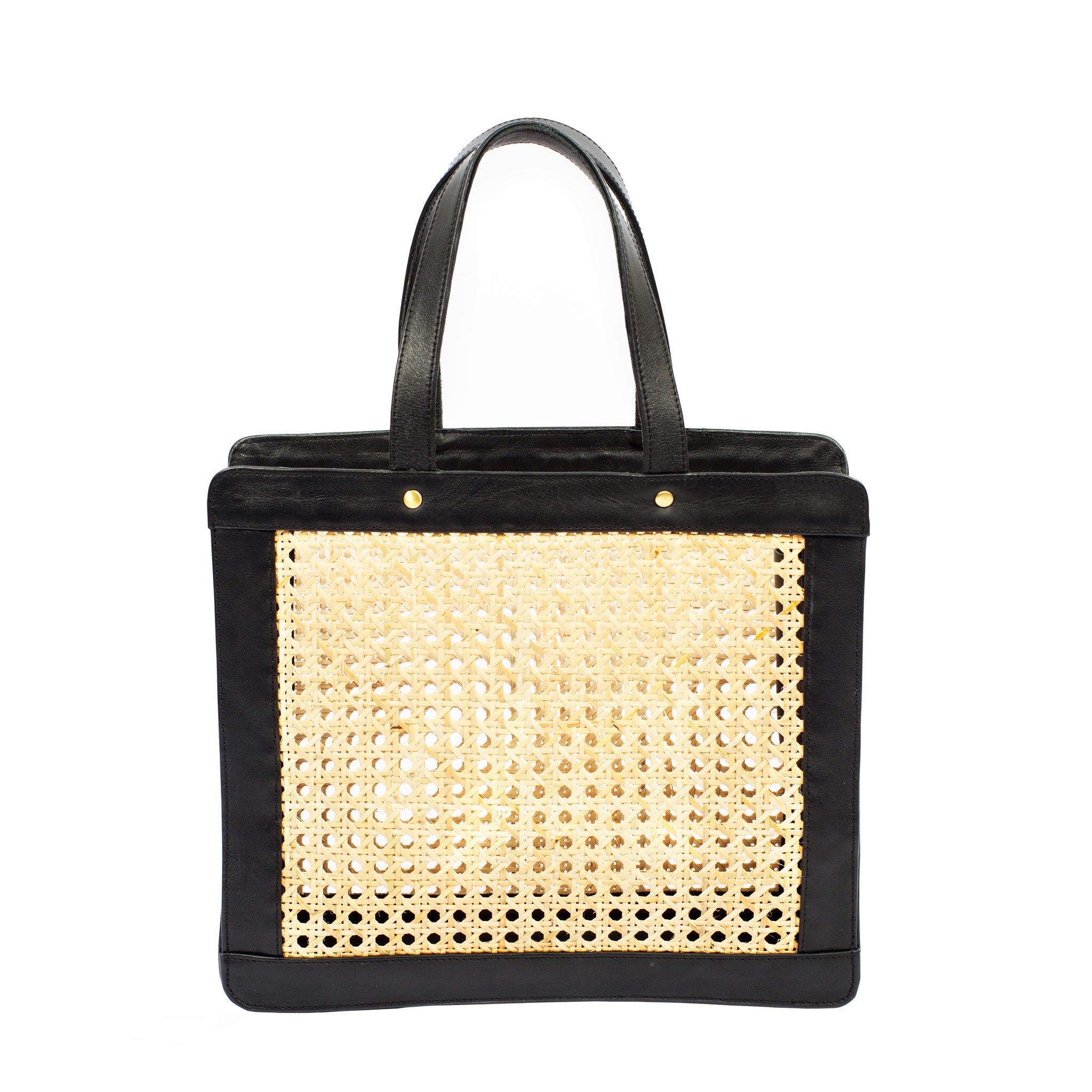 Handwoven Black & Cream Rattan Handbag with Brown Leather - Diagonal Style