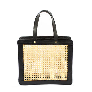 Cane Handbag; Market Wicker Bag; Black Leather and Rattan Shoulder Bag; Shoulder Bags for Summer; Wicker Tote Bags; Black Rattan Bag