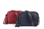 Navy Blue, Wine Red with tassel and crossbody chain strap leather mini camera bag for women