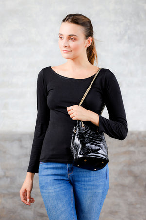 crocodile texture patent leather drawstring purse; black drawstring bag; drawstring bag; sezane hope bag; calf hair purse; leather drawstring bag; bags and purses; handbag for women; affordable leather bags