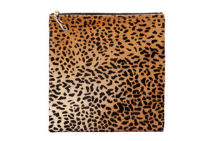 Flat view of leopard leather clutch bag