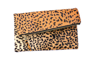 Genuine Leather Tan Spotted Leopard Print Women Foldover Clutch Purse