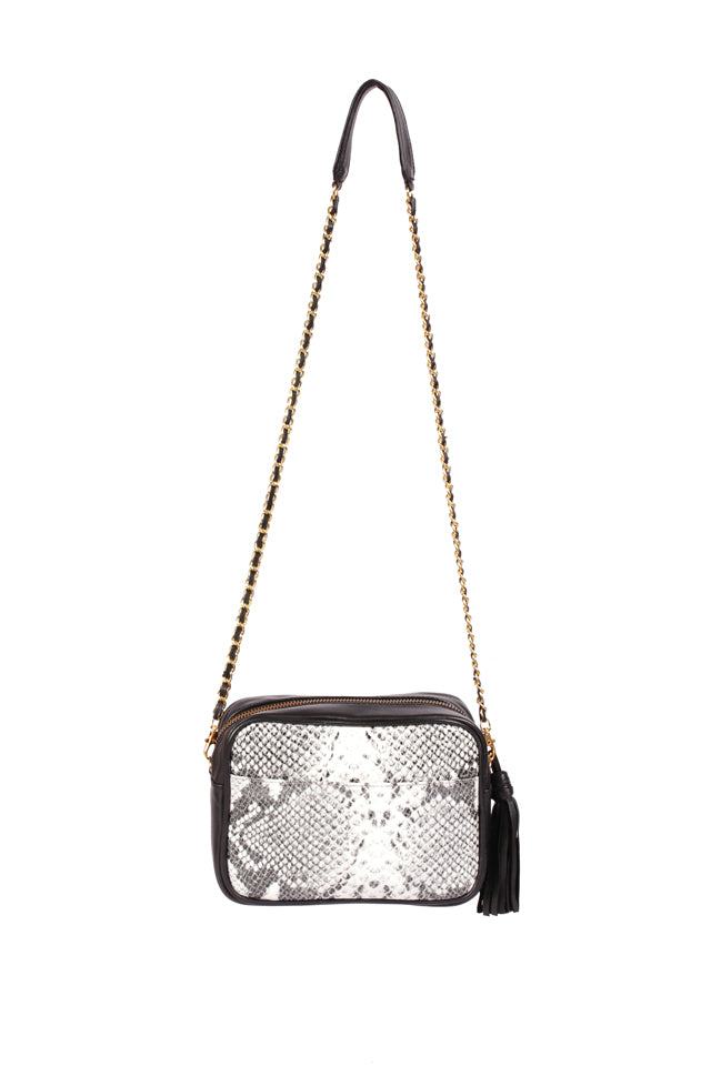 Python Embossed Leather Mini Camera Bag-Black