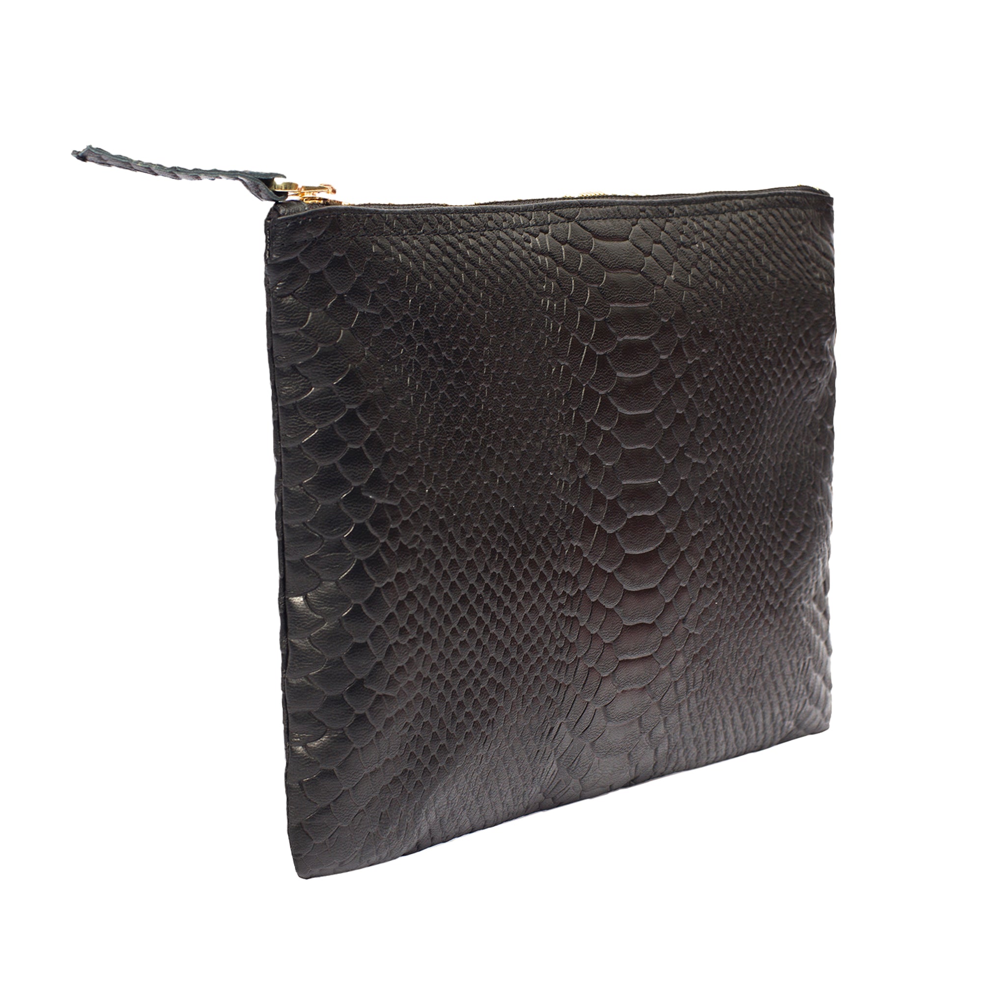 Side view Black Flat Wallet Clutch Genuine Leather-Python Embossed Texture