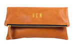 Monogrammed Tan Leather Foldover Clutch Handbag