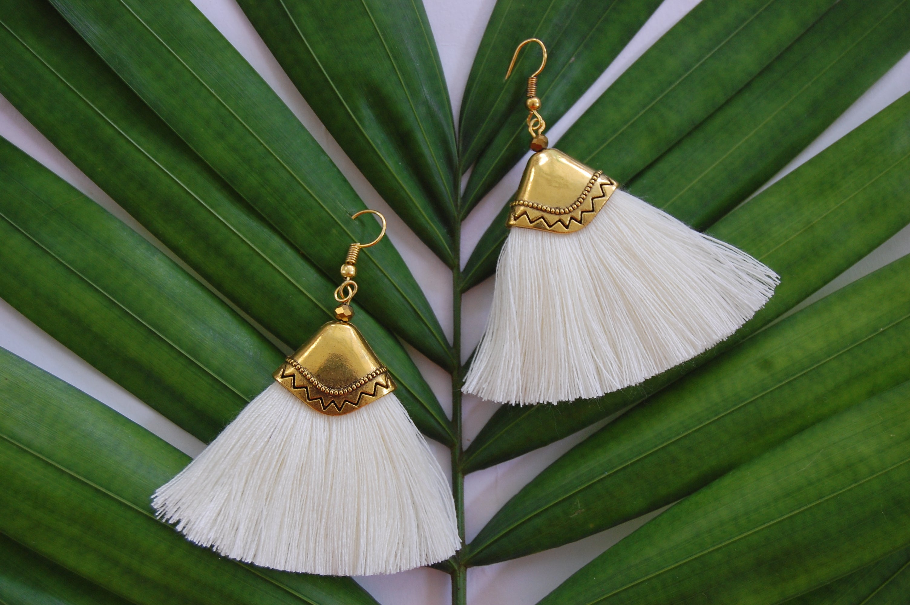 White Tassel Boho Fan Shape Earrings