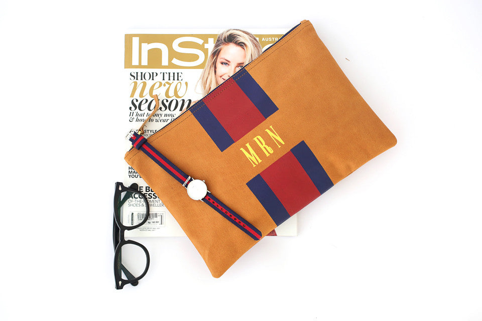 Daniel Wellington watch leather bags and purses; flat stripe clutch; leather stripe clutch; monogram clutch bag; personalized bags