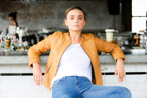 Leather bomber jacket for women; tan leather bomber jacket for women; sleek leather bomber tan jacket for women