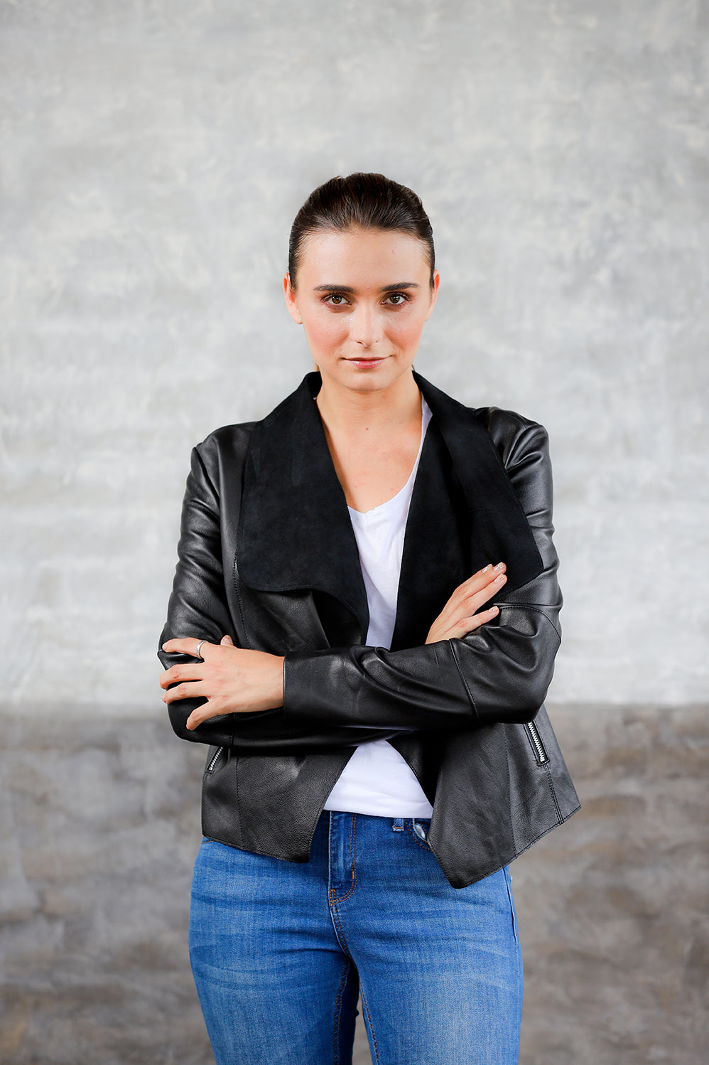 draped neck leather jacket; lightweight leather jacket; women's apparel; genuine leather draped neck jacket; womens black leather jacket